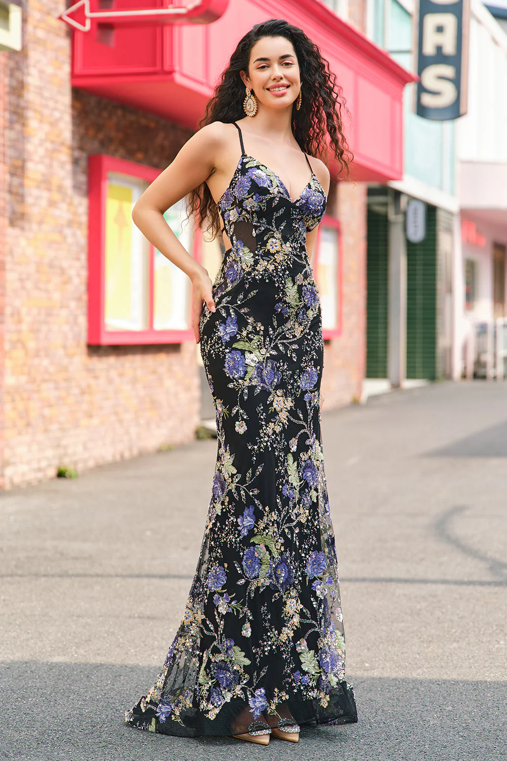 Sparkly Sequins Mermaid Spaghetti Straps Black Prom Dress with Appliques - Image 5