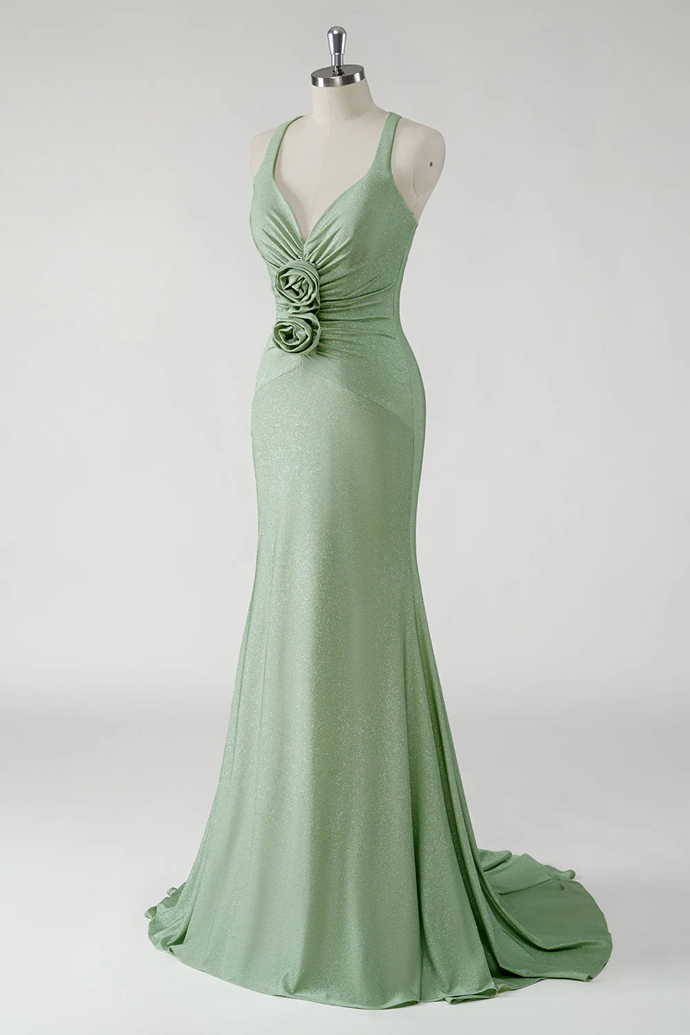 Sparkly Sheath Green Long Prom Dress with 3D Flowers - Image 3