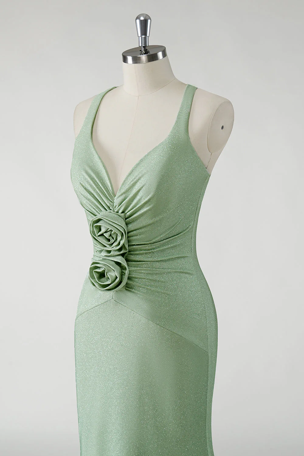 Sparkly Sheath Green Long Prom Dress with 3D Flowers - Image 6