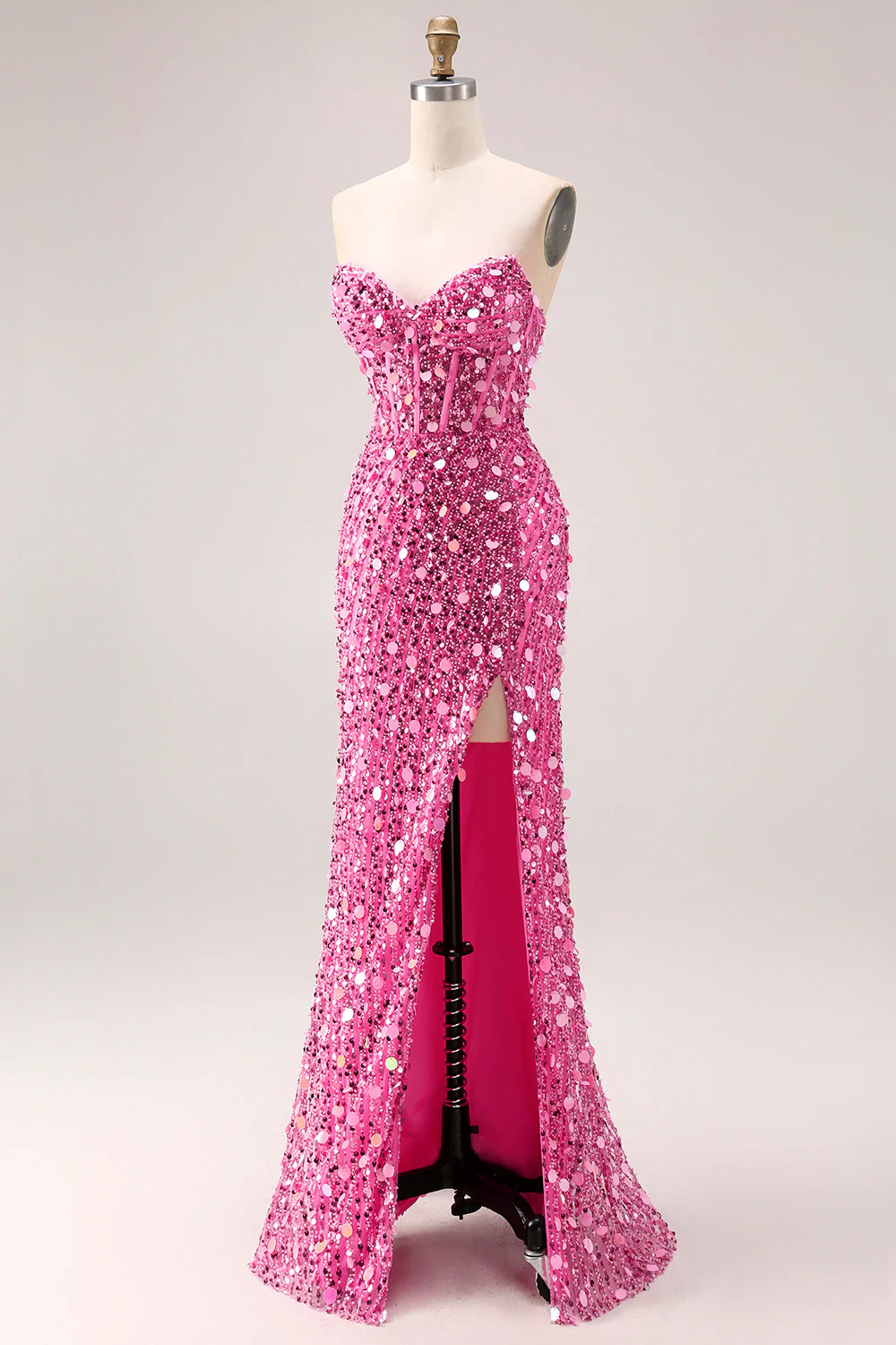 Sparkly Sheath Strapless Corset Long Pink Prom Dress with Slit - Image 3