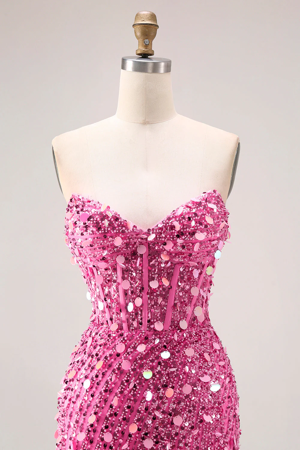 Sparkly Sheath Strapless Corset Long Pink Prom Dress with Slit - Image 4