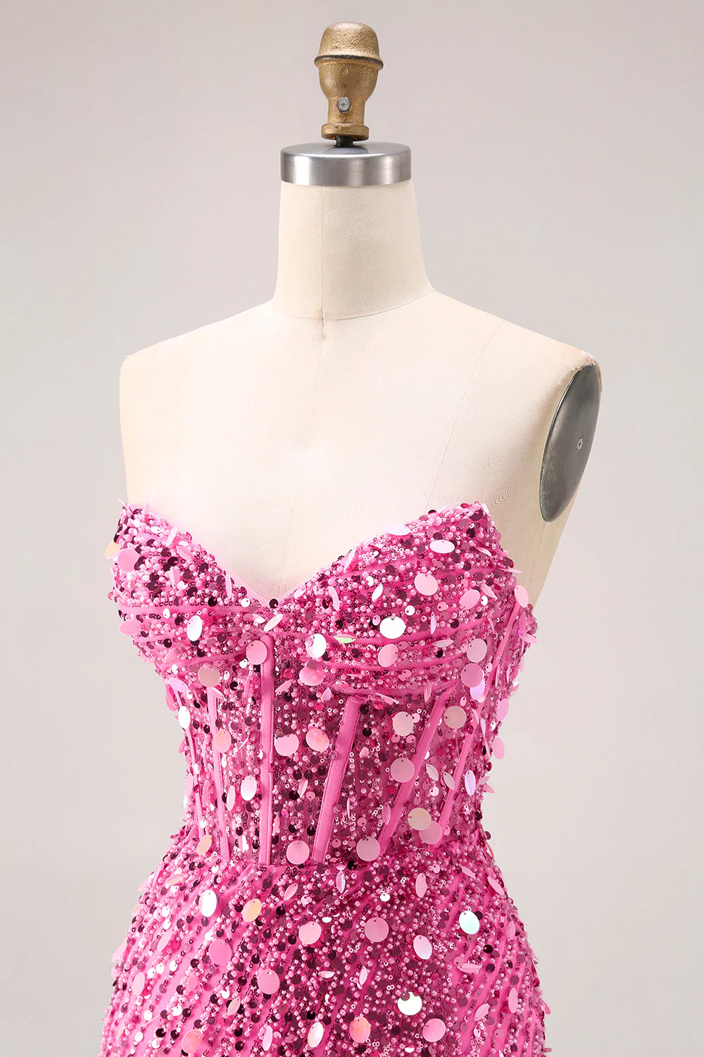 Sparkly Sheath Strapless Corset Long Pink Prom Dress with Slit - Image 6