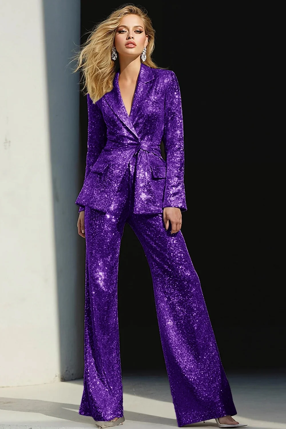 Sparkly Silver 2 Piece Sequins Notched Lapel Women Prom Suits - Image 9
