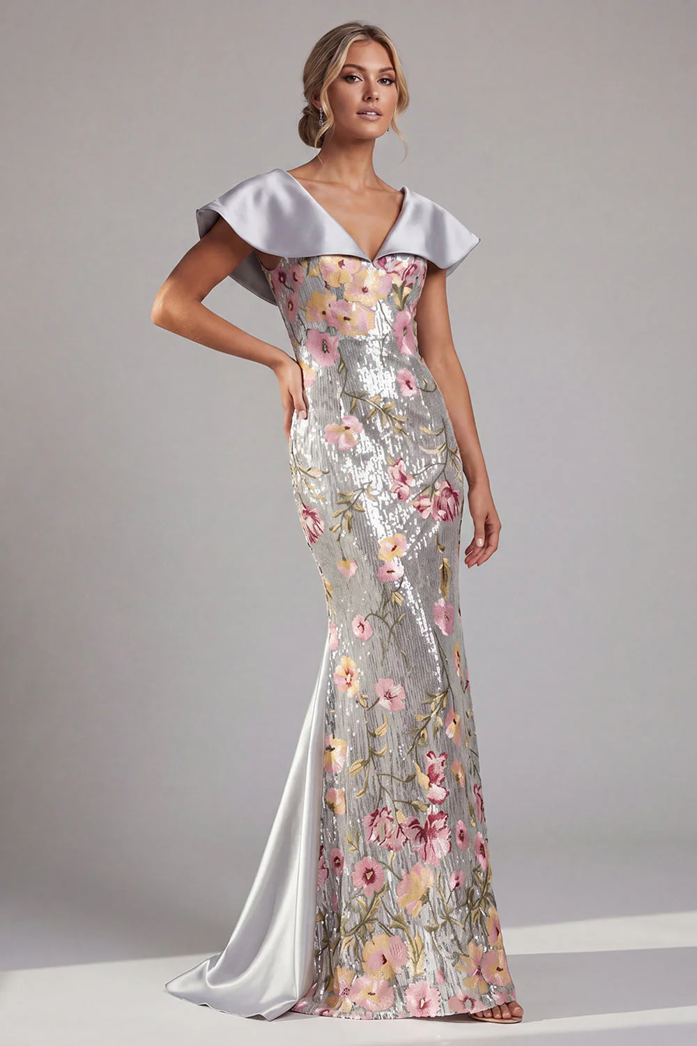 Sparkly Silver Floral Mermaid Long Mother Of the Bride Dress with Sequins - Image 3