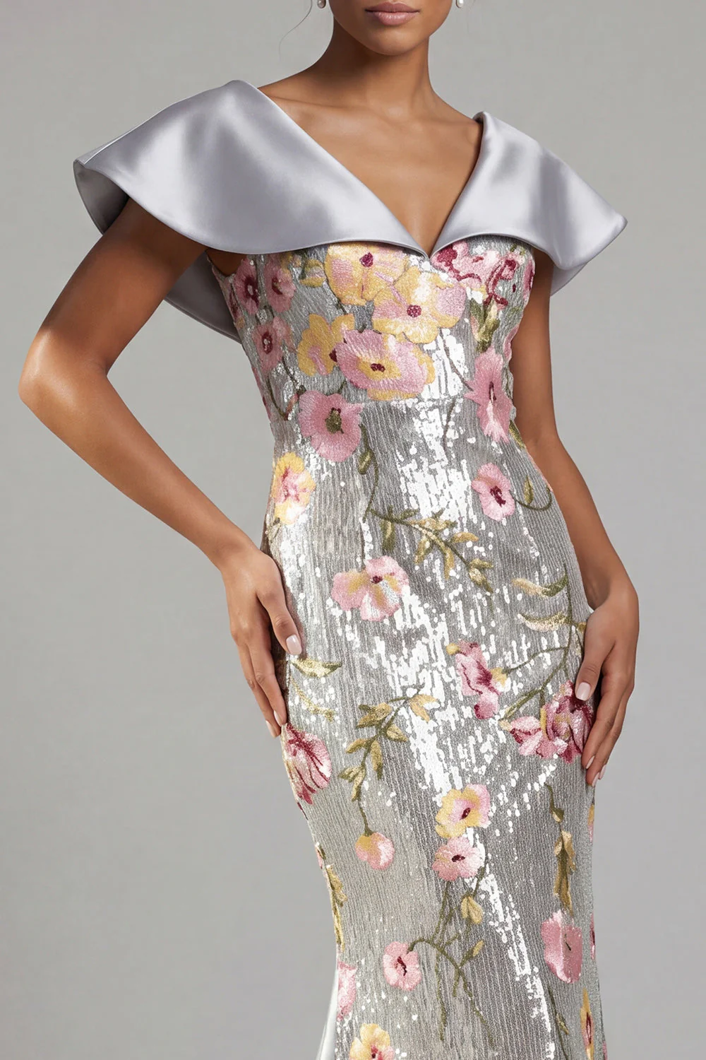 Sparkly Silver Floral Mermaid Long Mother Of the Bride Dress with Sequins - Image 4