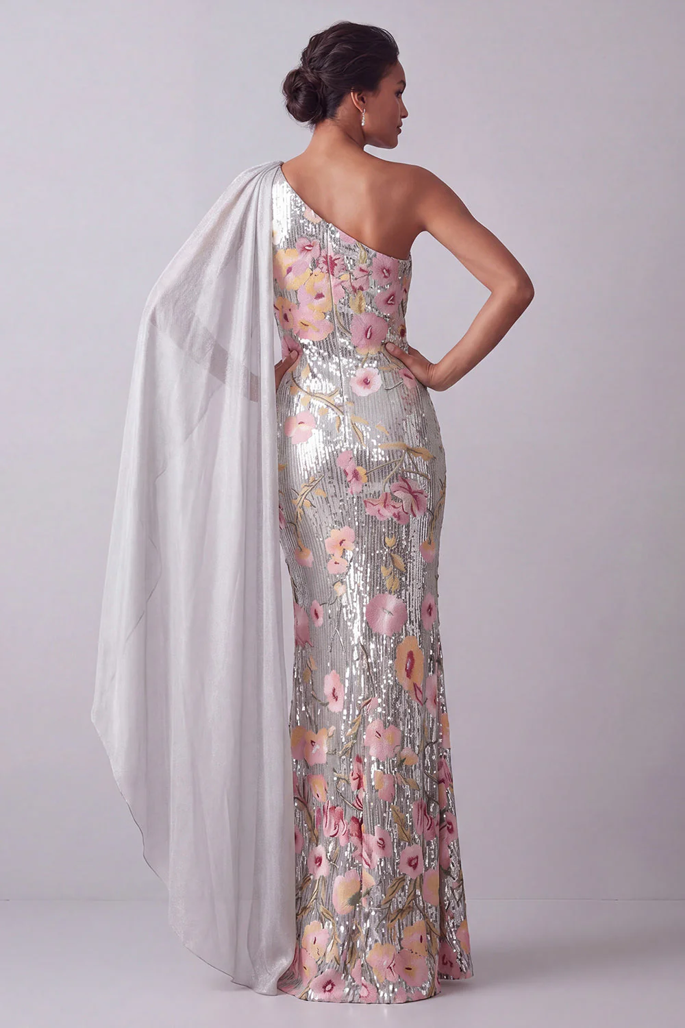 Sparkly Silver Sequin One Shoulder Long Mother Of the Bride Dress with Side Cape - Image 2