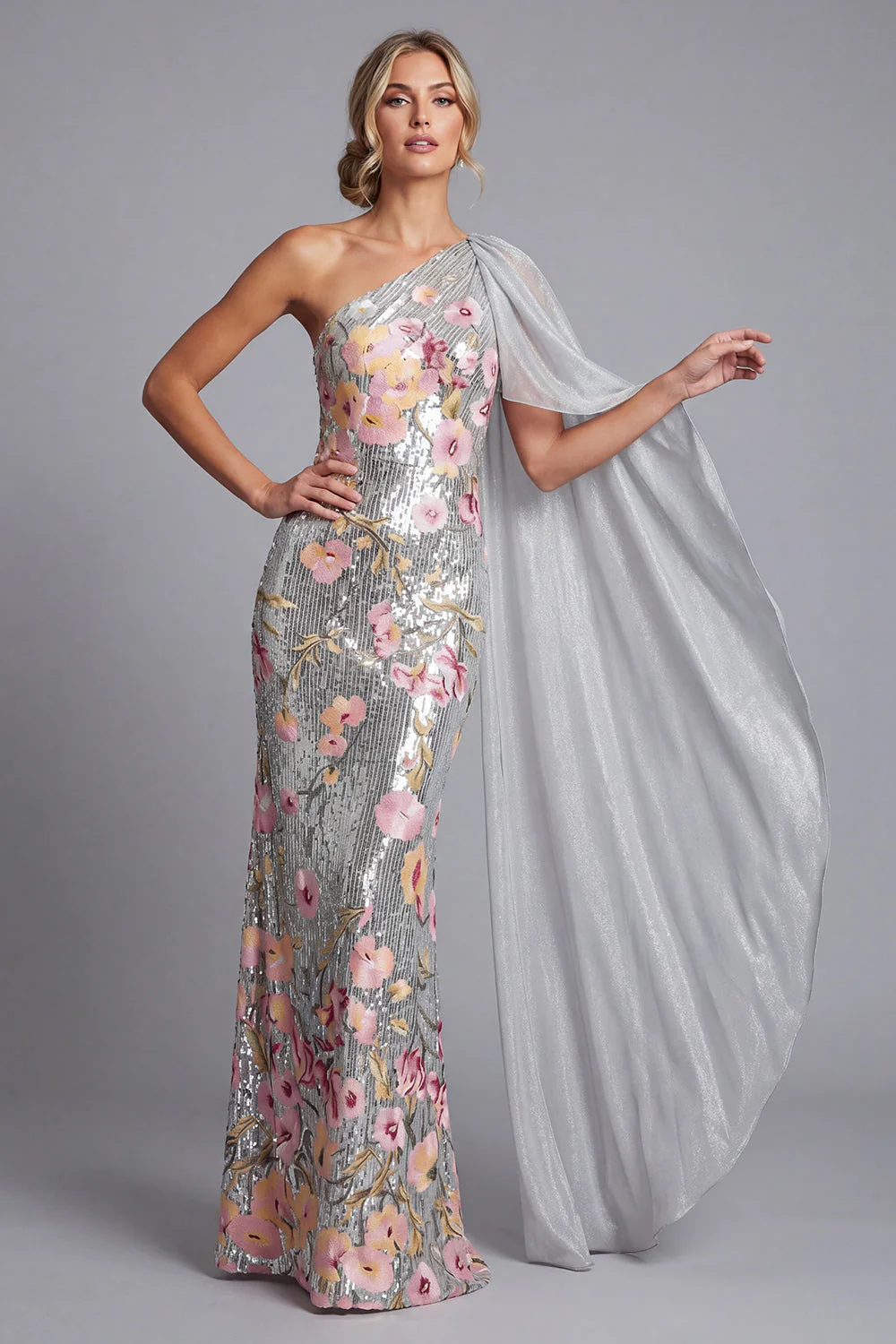 Sparkly Silver Sequin One Shoulder Long Mother Of the Bride Dress with Side Cape - Image 3
