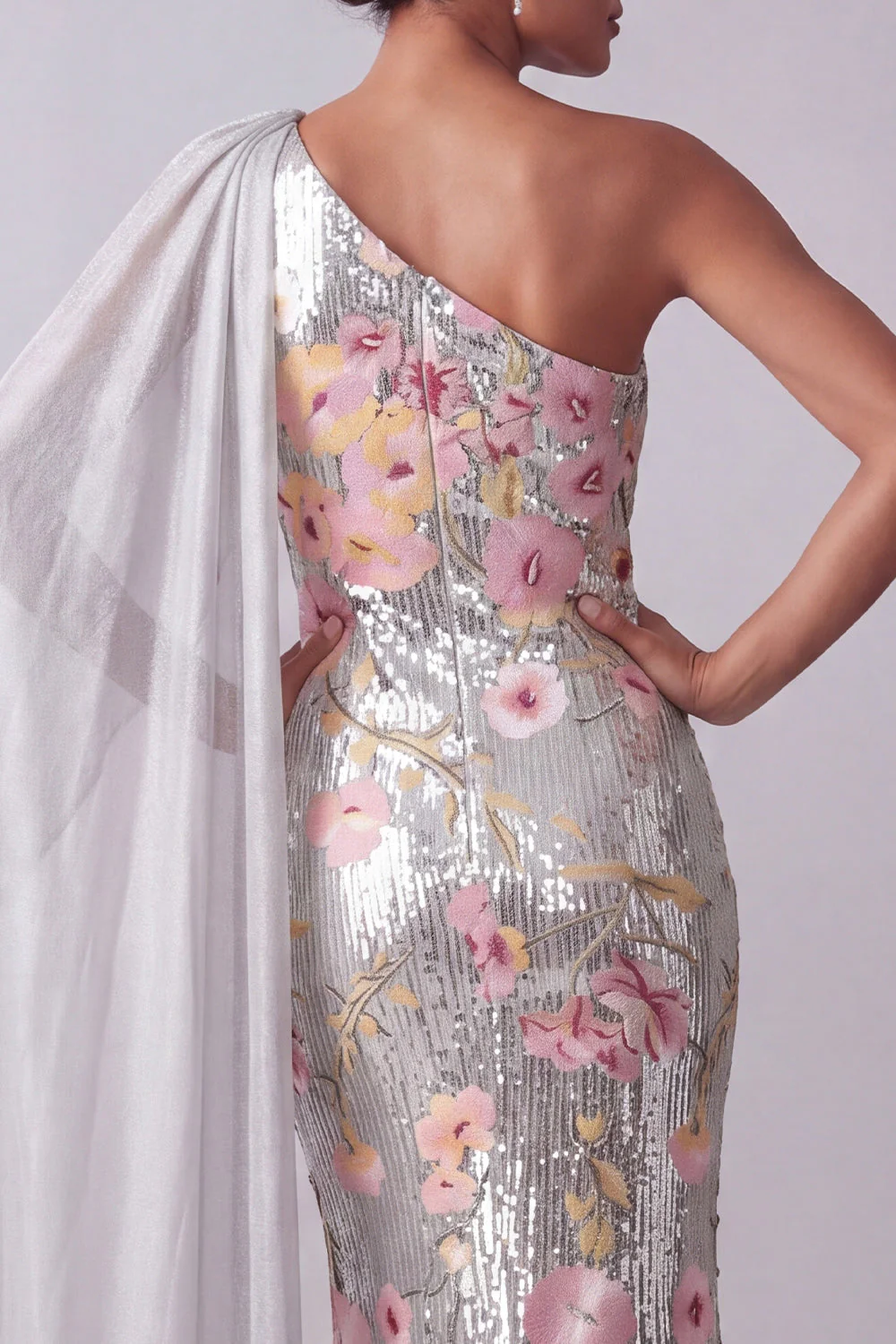 Sparkly Silver Sequin One Shoulder Long Mother Of the Bride Dress with Side Cape - Image 5