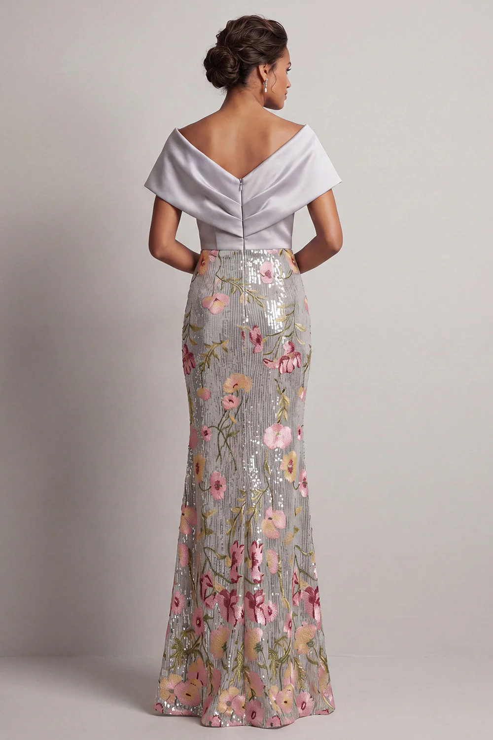 Sparkly Silver V-Neck Sequin Mermaid Floral Long Mother Of the Bride Dress - Image 2