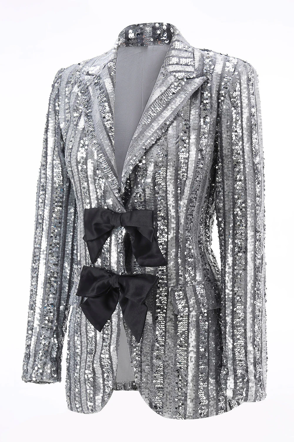 Sparkly Silver Grey Peak Lapel Women's Prom Blazer with Bows - Image 3