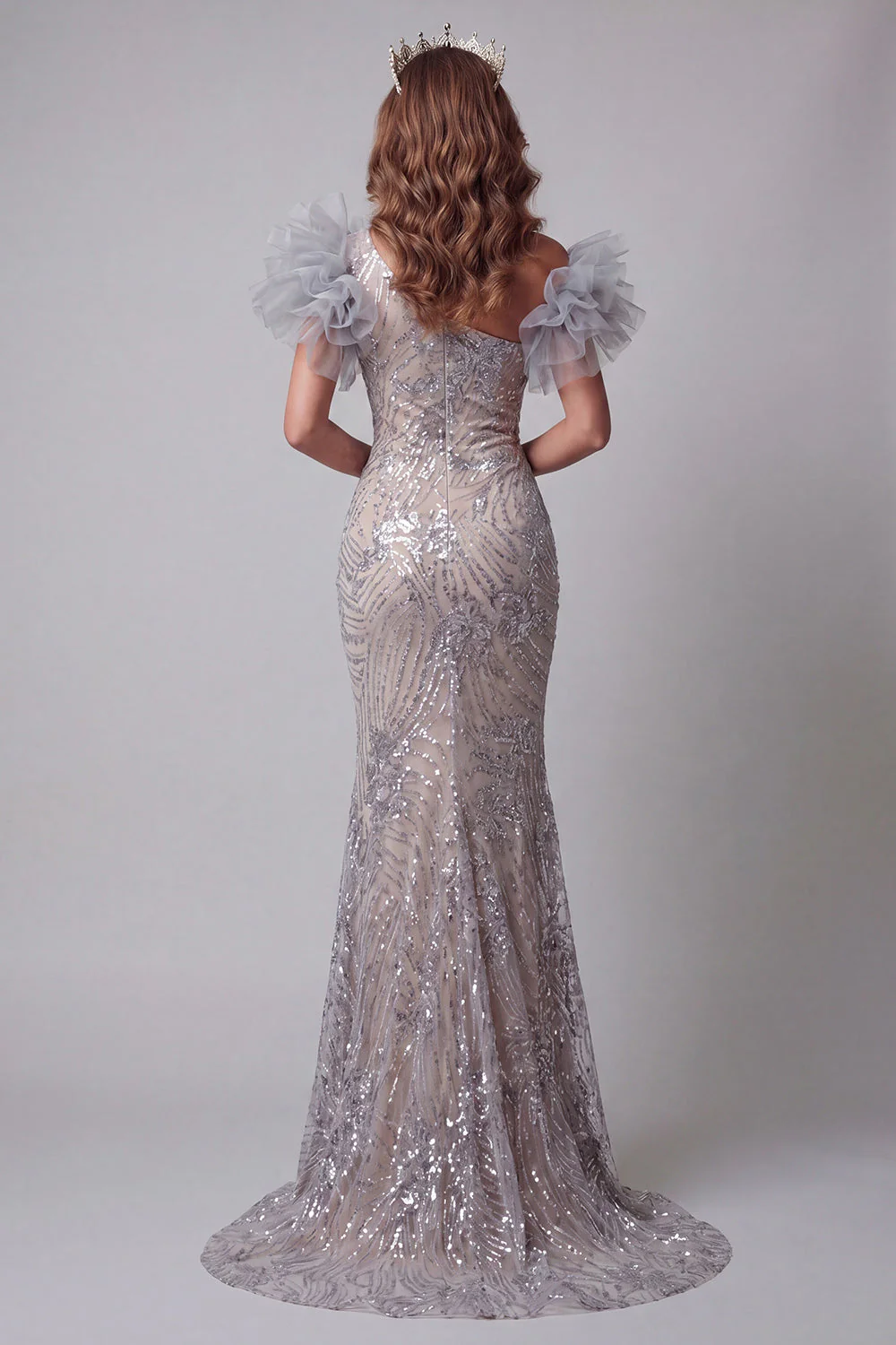 Sparkly Silver Mermaid One Shoulder Long Evening Dress with Sequins - Image 2