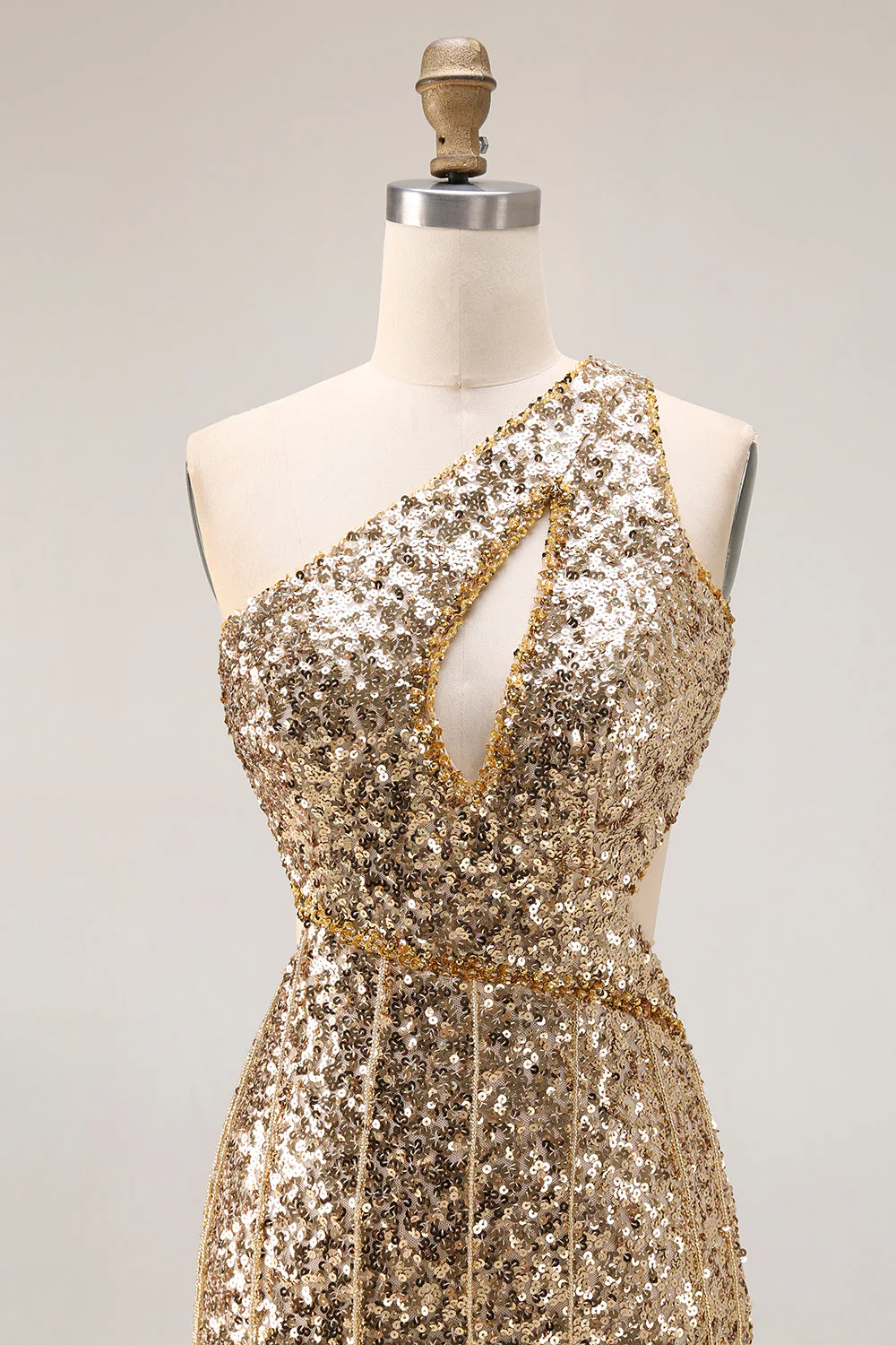 Sparkly Silver One Shoulder Mermaid Cut Out Sequin Long Prom Dress with Slit - Image 10