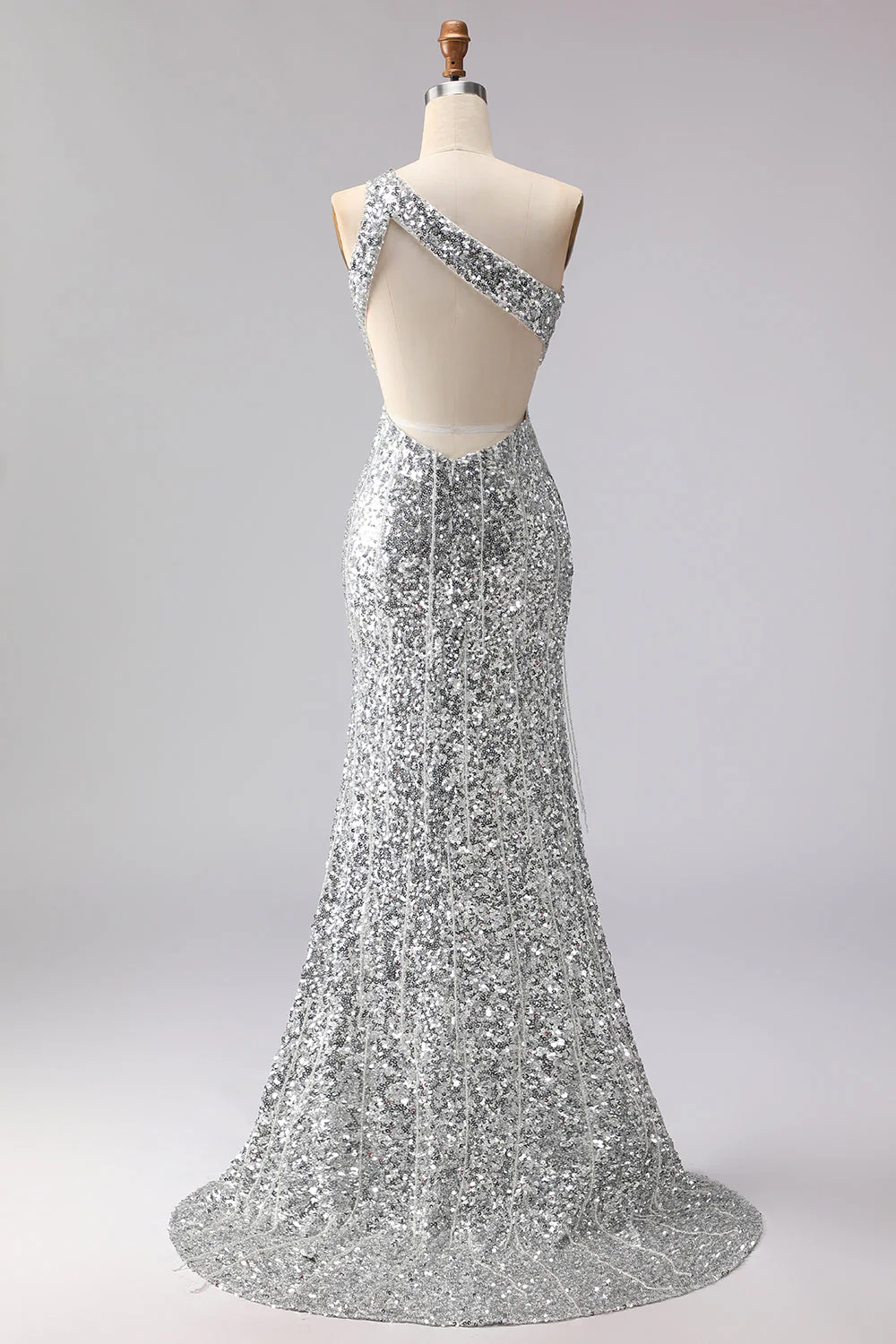 Sparkly Silver One Shoulder Mermaid Cut Out Sequin Long Prom Dress with Slit - Image 2