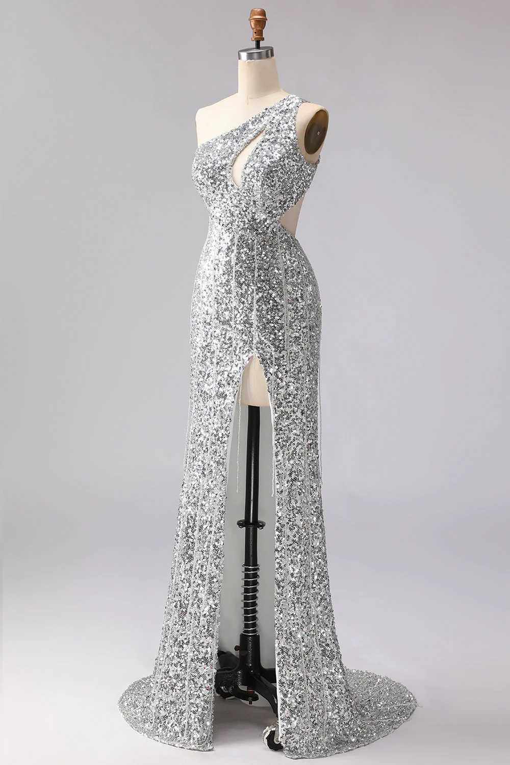 Sparkly Silver One Shoulder Mermaid Cut Out Sequin Long Prom Dress with Slit - Image 3