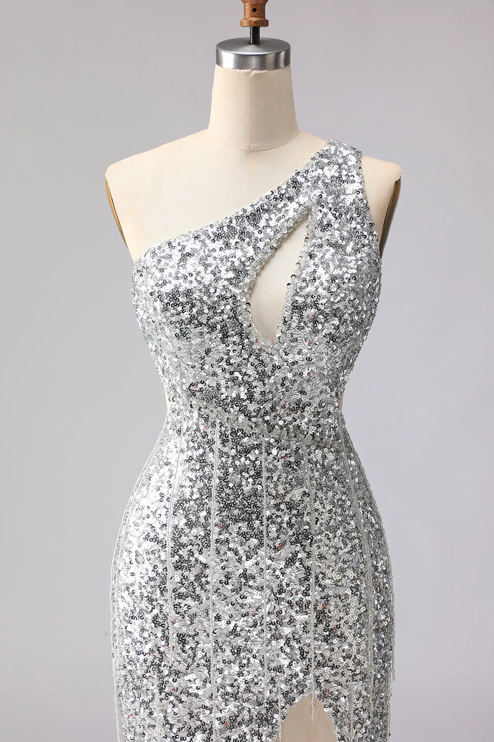 Sparkly Silver One Shoulder Mermaid Cut Out Sequin Long Prom Dress with Slit - Image 4