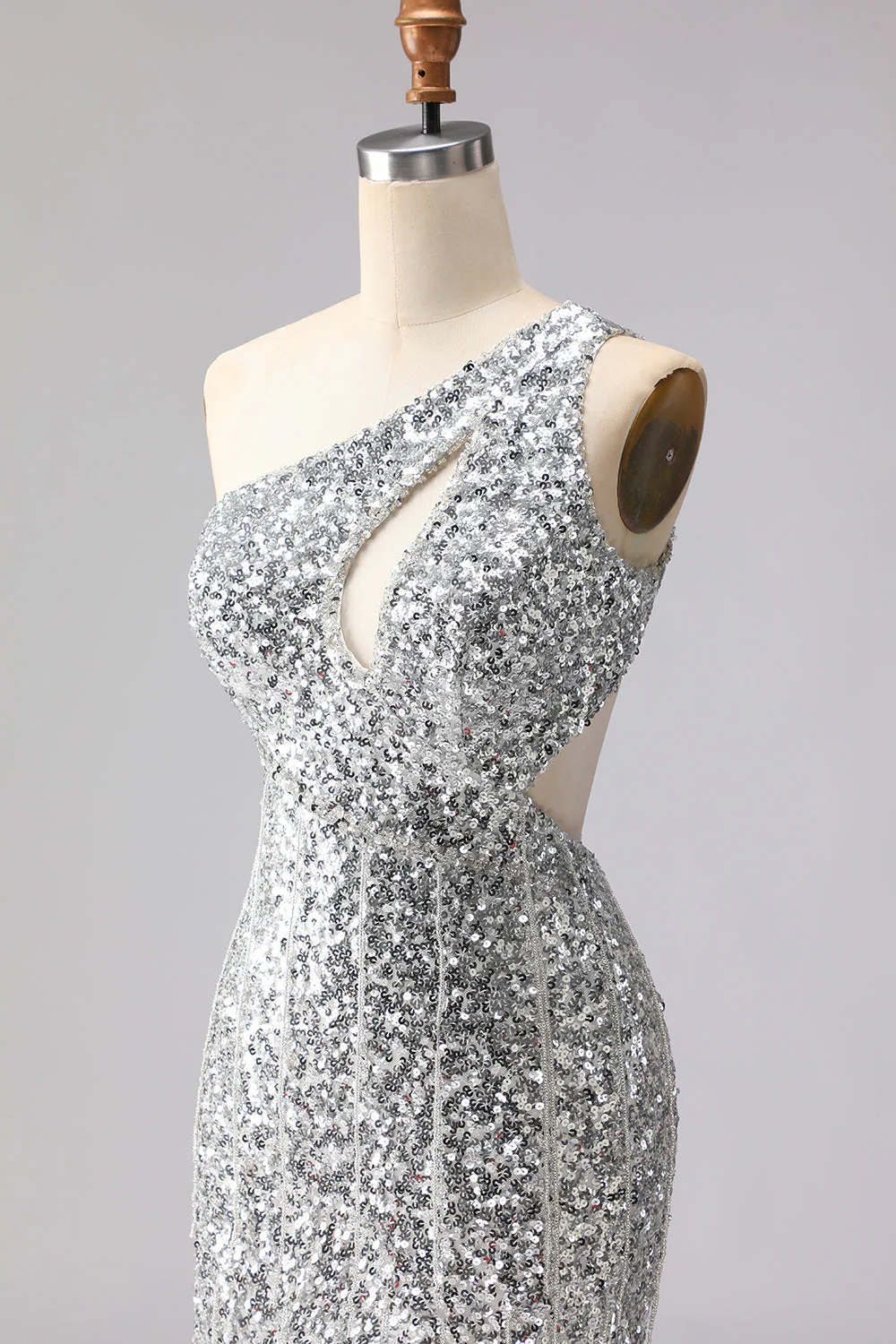 Sparkly Silver One Shoulder Mermaid Cut Out Sequin Long Prom Dress with Slit - Image 6