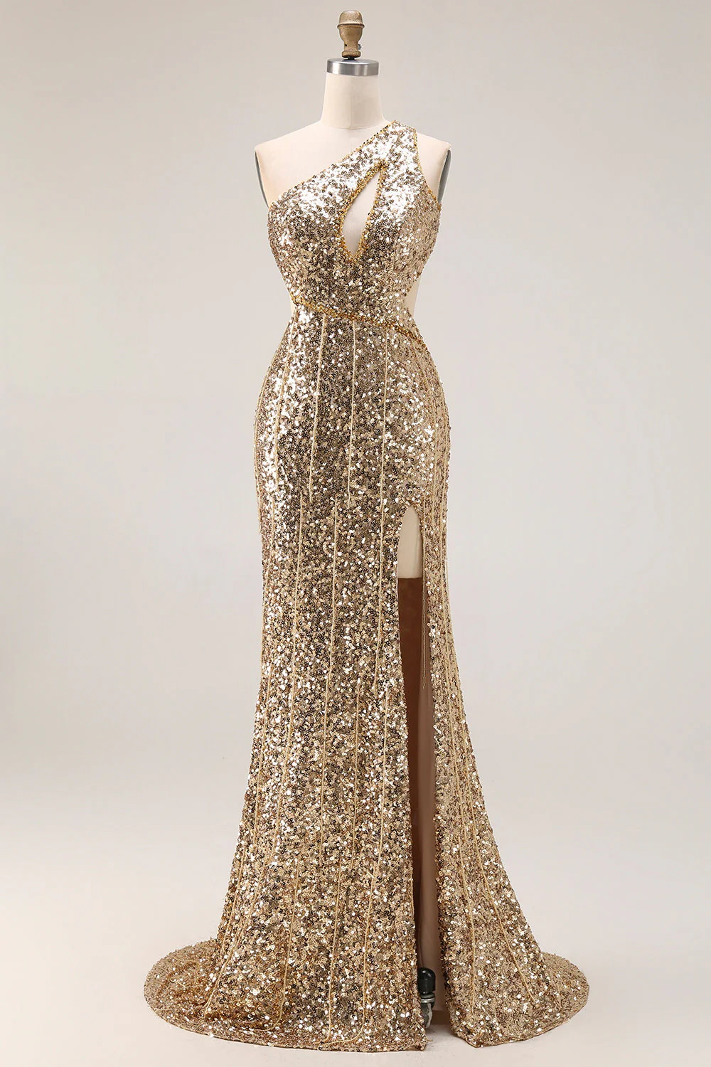 Sparkly Silver One Shoulder Mermaid Cut Out Sequin Long Prom Dress with Slit - Image 7