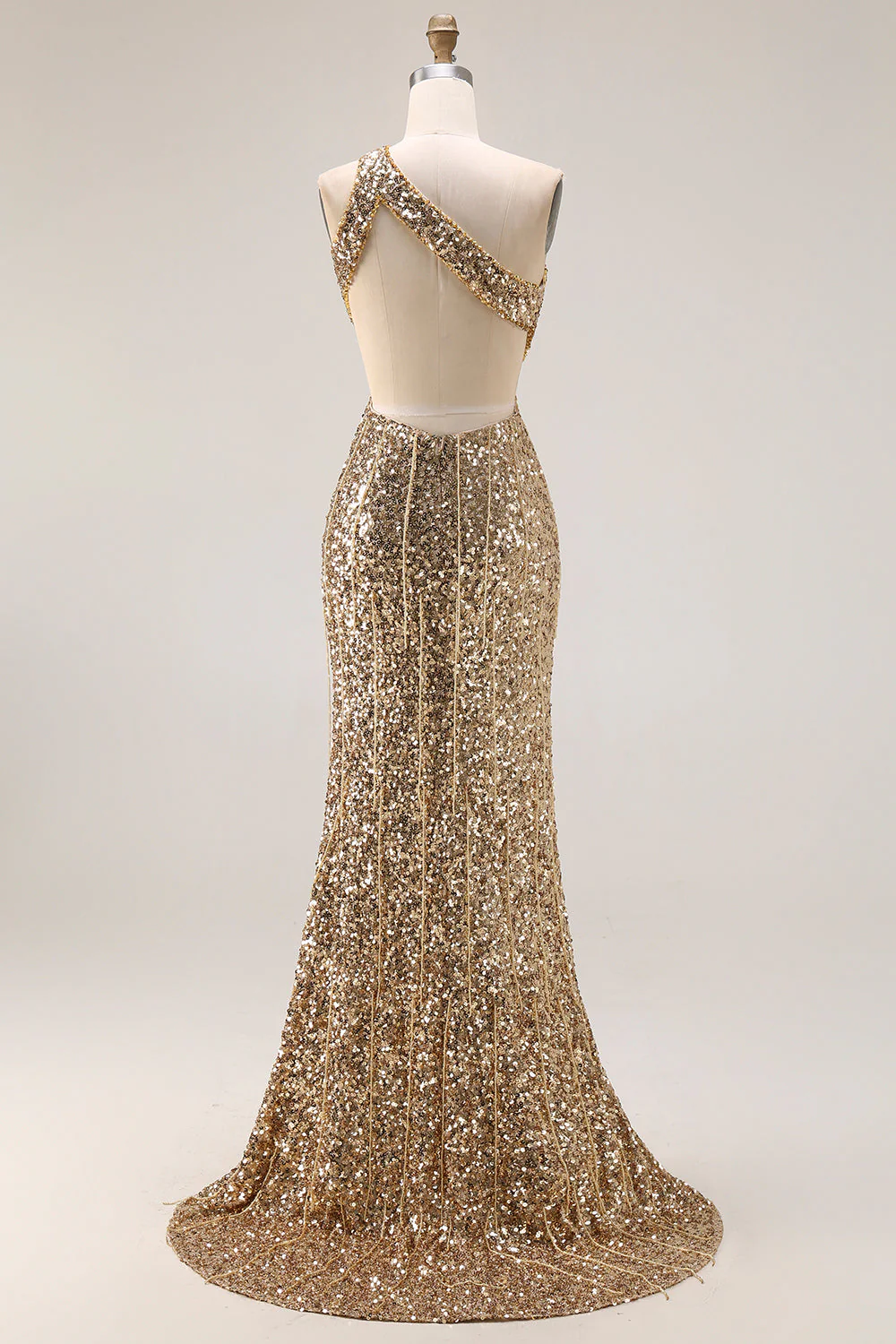 Sparkly Silver One Shoulder Mermaid Cut Out Sequin Long Prom Dress with Slit - Image 8