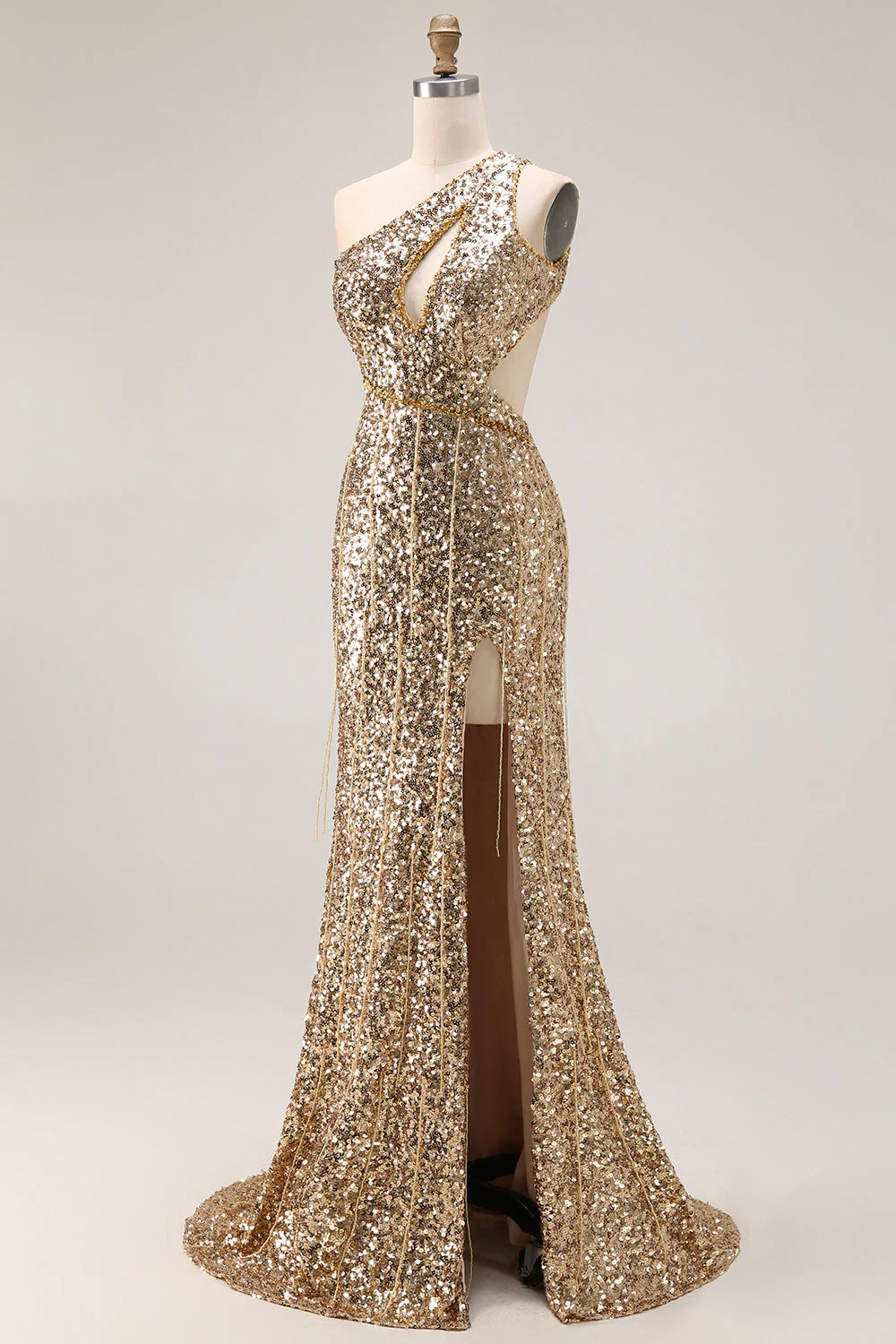 Sparkly Silver One Shoulder Mermaid Cut Out Sequin Long Prom Dress with Slit - Image 9