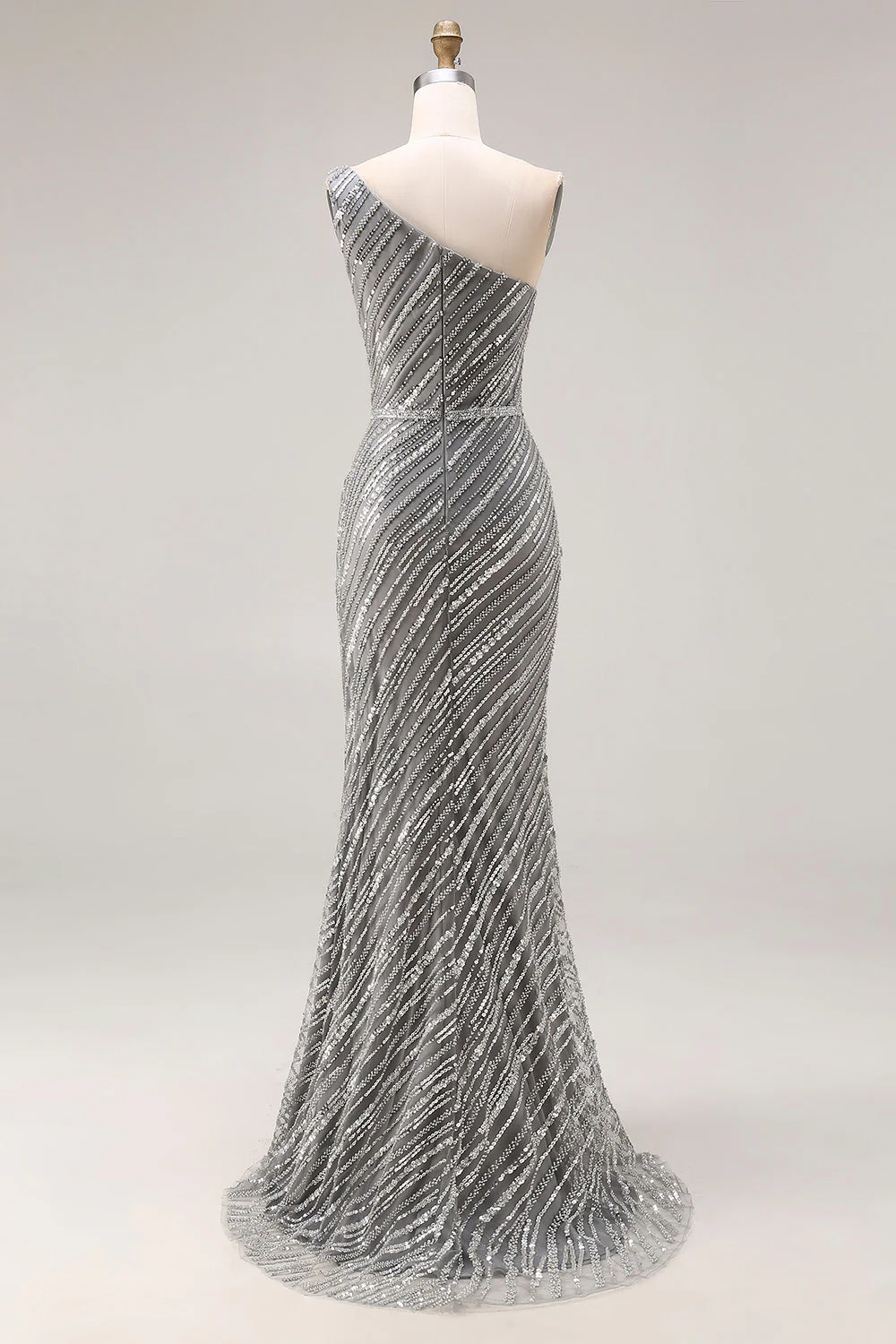 Sparkly Silver One Shoulder Mermaid Sequin Long Prom Dress with Slit - Image 2