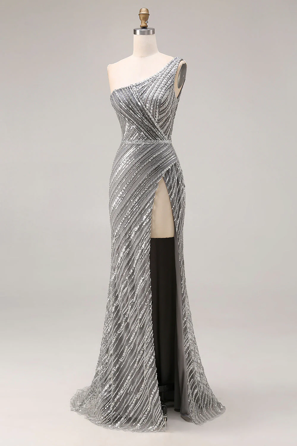 Sparkly Silver One Shoulder Mermaid Sequin Long Prom Dress with Slit - Image 3