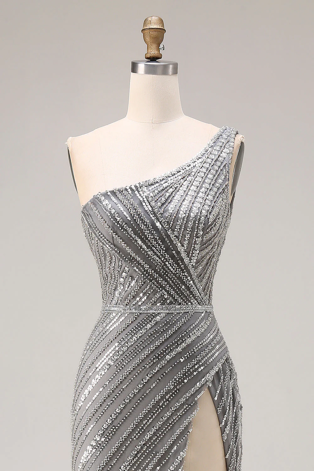 Sparkly Silver One Shoulder Mermaid Sequin Long Prom Dress with Slit - Image 4