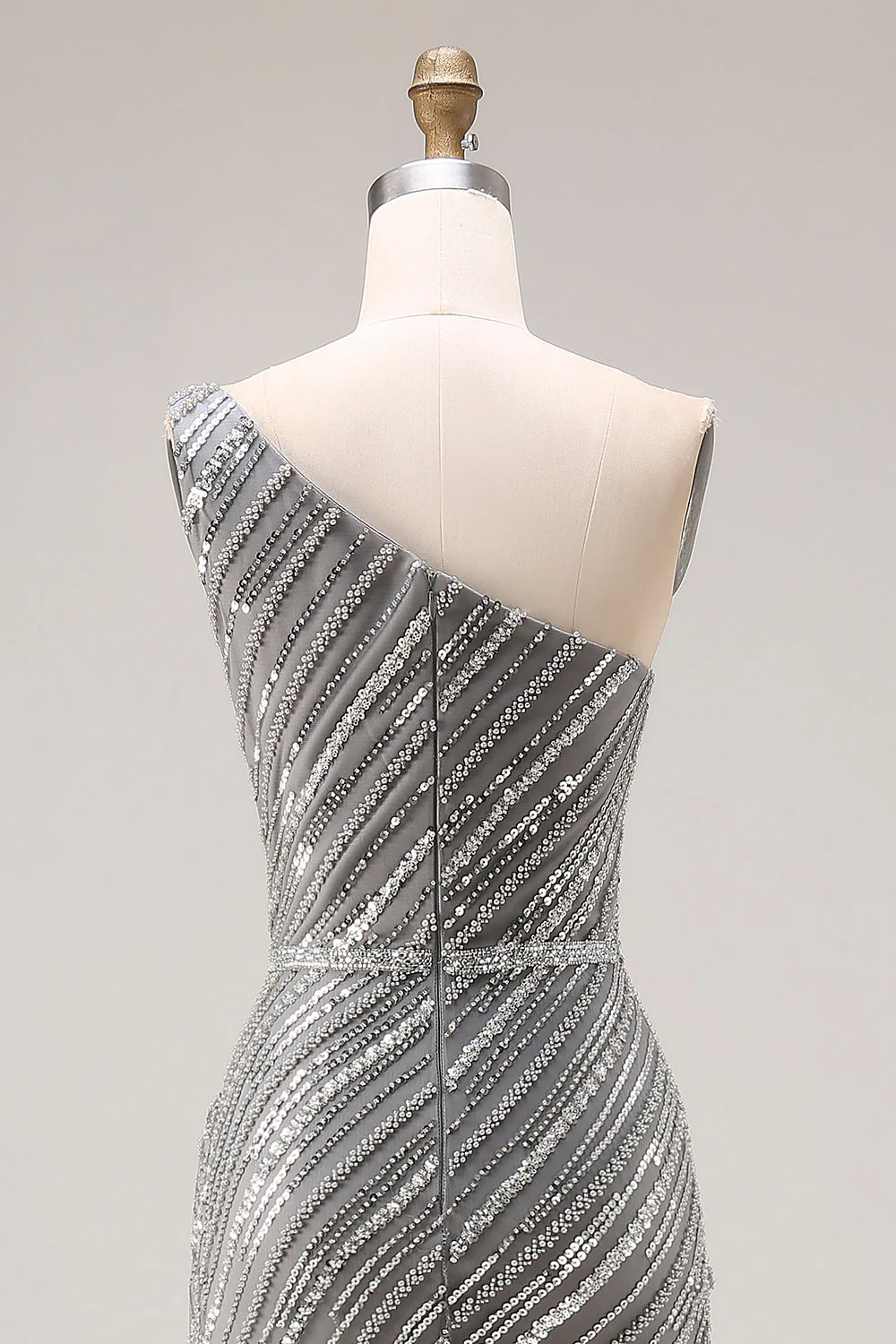 Sparkly Silver One Shoulder Mermaid Sequin Long Prom Dress with Slit - Image 5