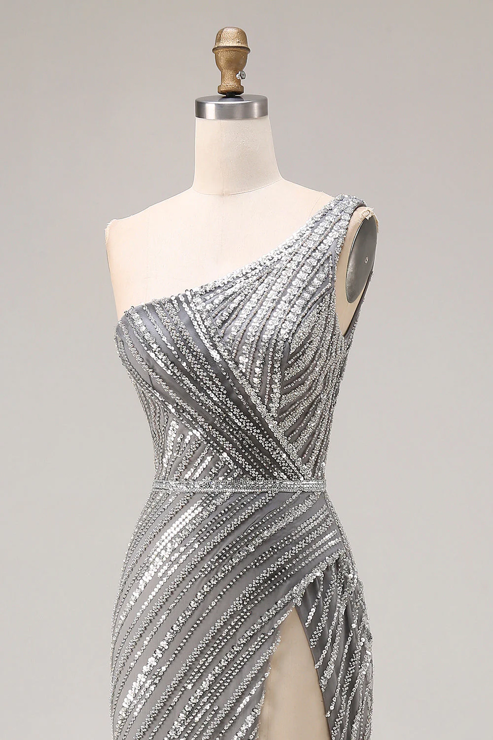 Sparkly Silver One Shoulder Mermaid Sequin Long Prom Dress with Slit - Image 6