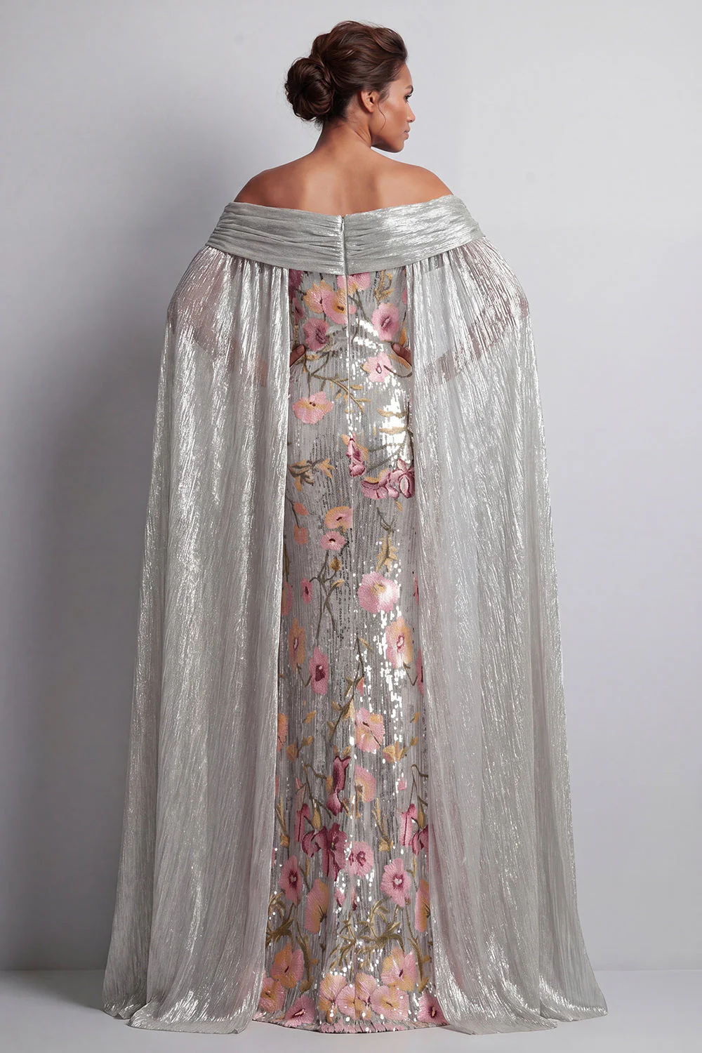 Sparkly Silver Floral Mermaid Sequin Long Mothe Of the Bride Dress with Side Cape - Image 2