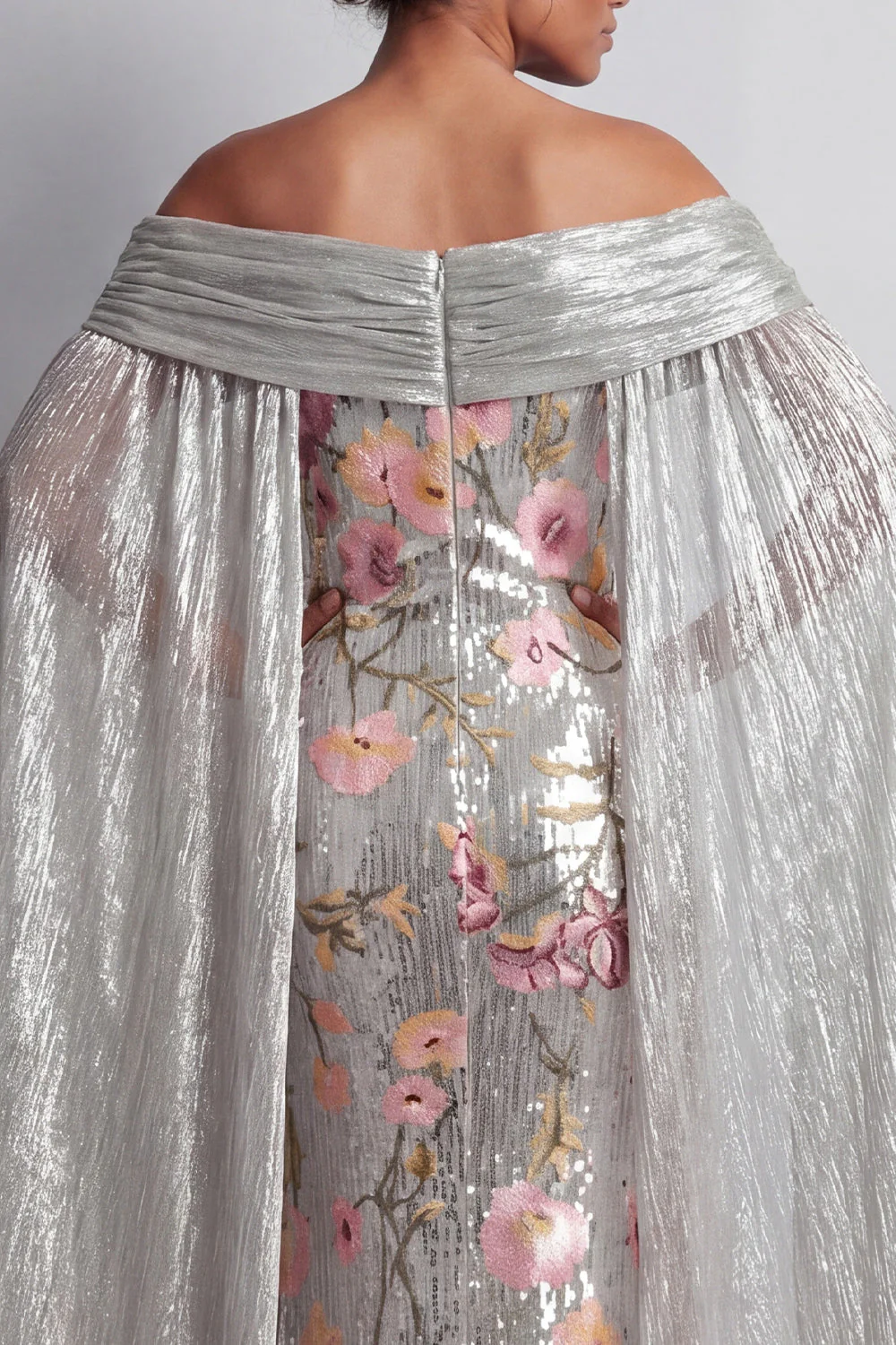 Sparkly Silver Floral Mermaid Sequin Long Mothe Of the Bride Dress with Side Cape - Image 4