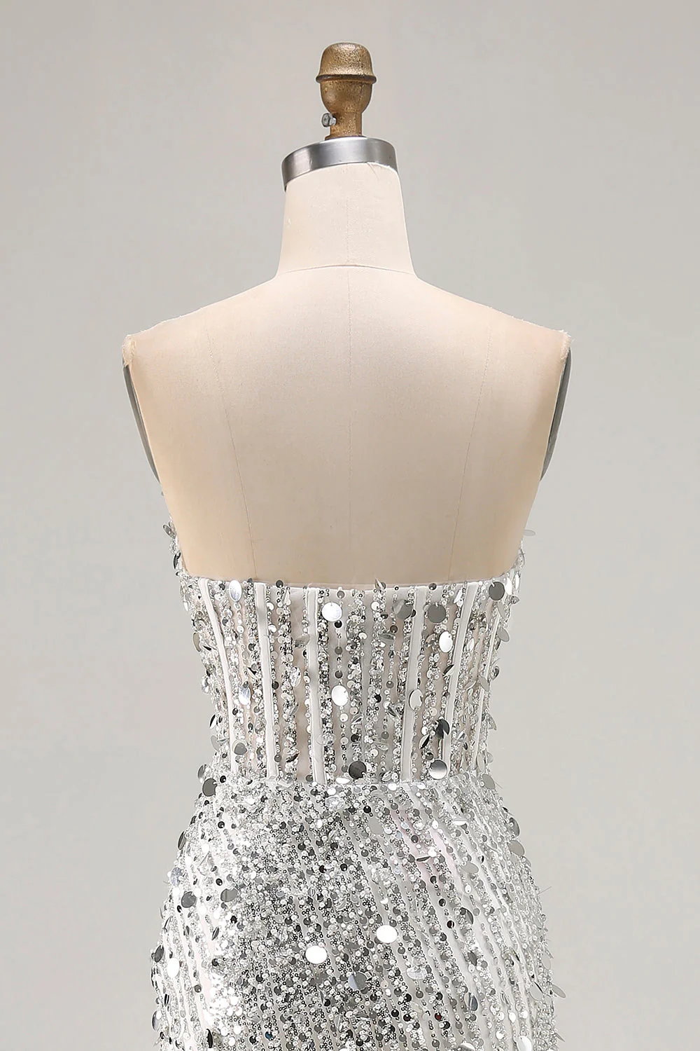 Sparkly Silver Strapless Corset Mermaid Long Prom Dress With Slit - Image 5