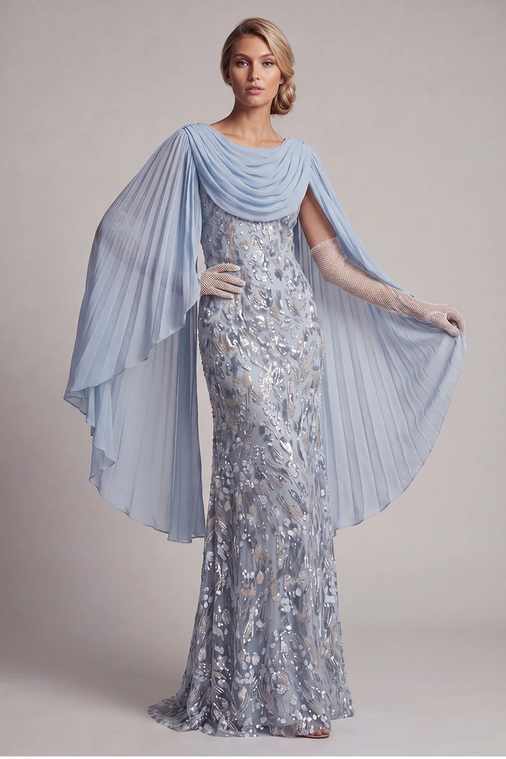 Sparkly Sky Blue Mermaid Beaded Sequin Long Mother Of the Bride Dress with Cape - Image 2