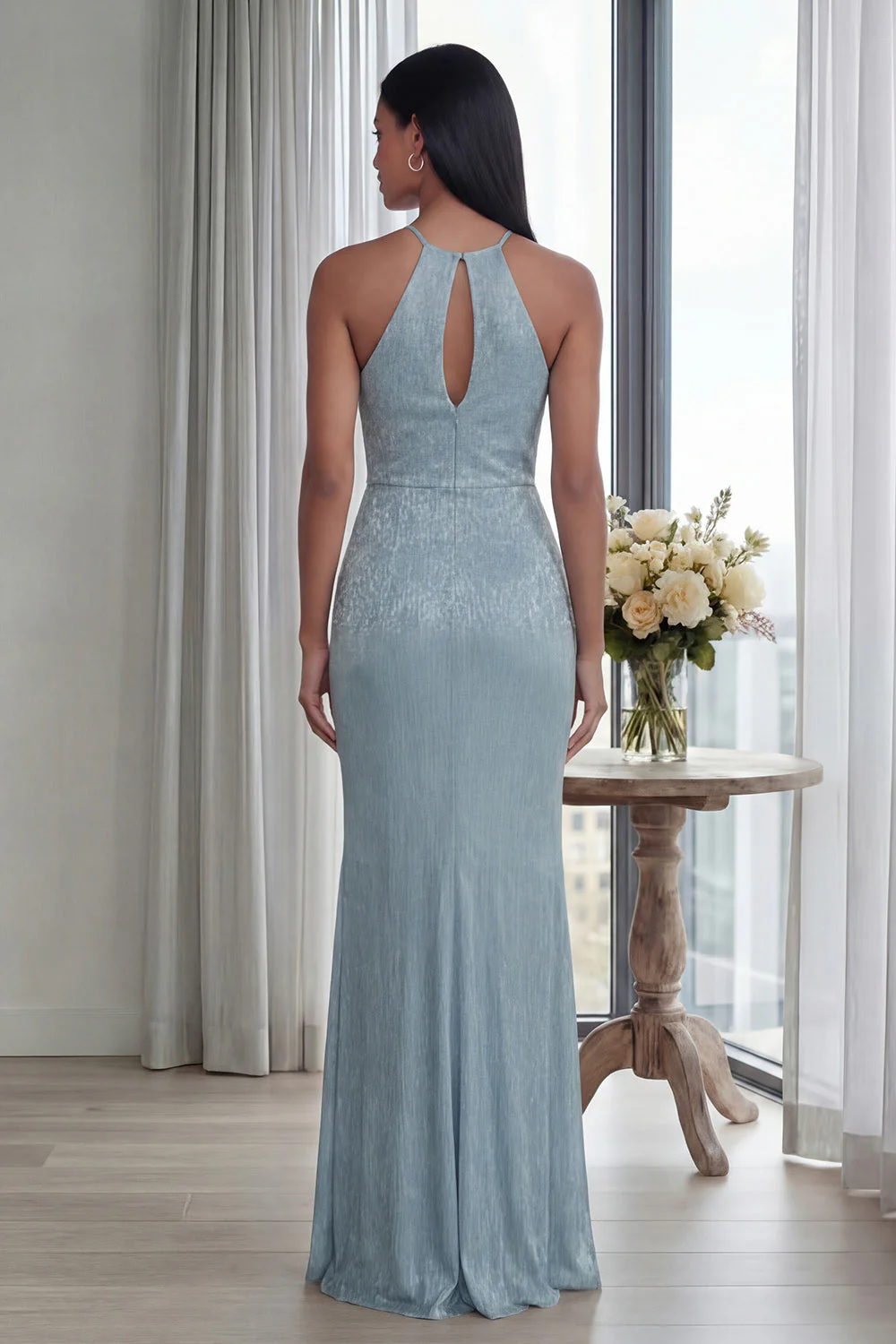 Sky Blue Halter Sheath Long Evening Dress with Back Keyhole - Image 2