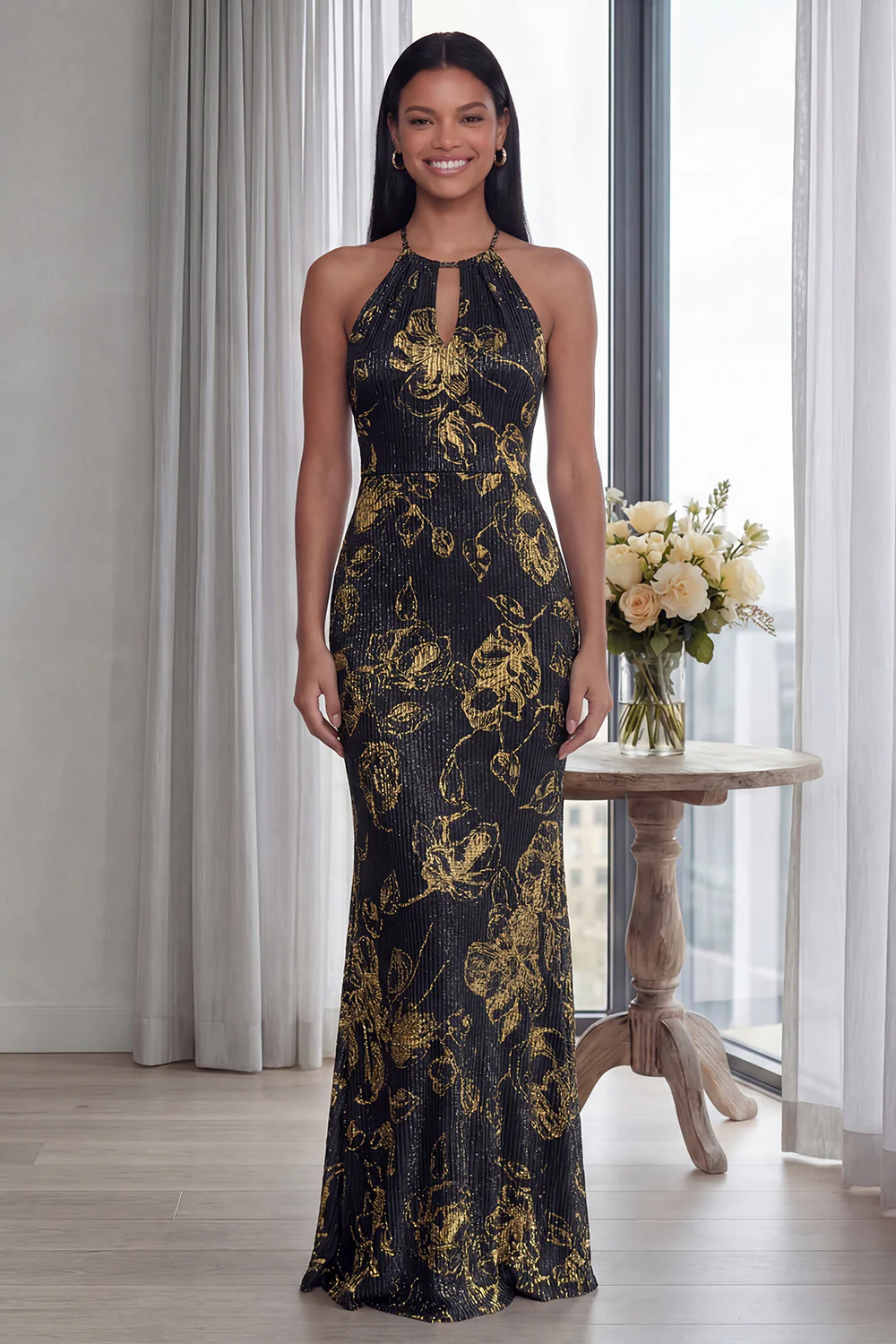 Sky Blue Halter Sheath Long Evening Dress with Back Keyhole - Image 5