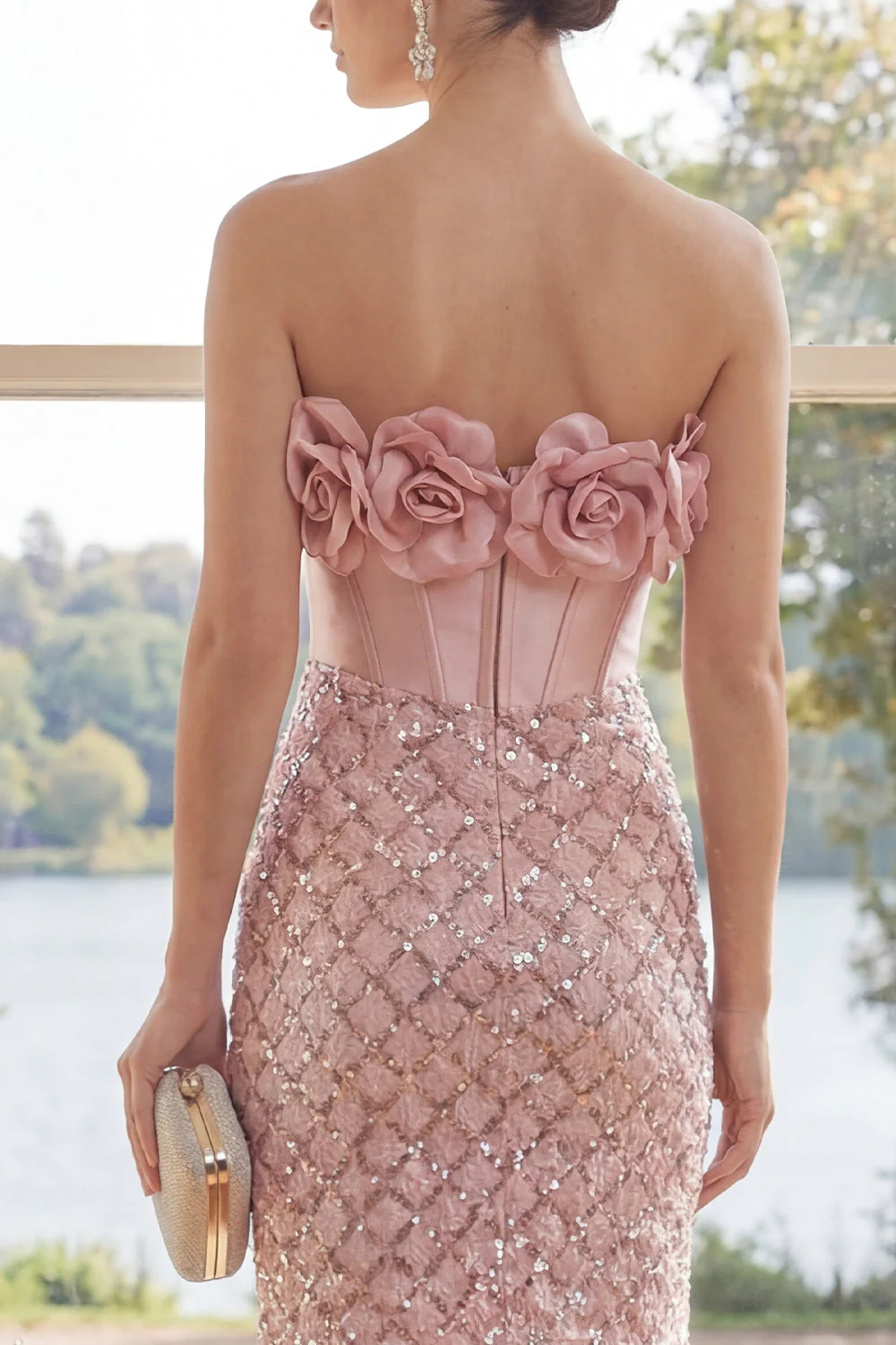 Sparkly Strapless Corset Blush Bodycon Mini Dress with 3D Flower - Image 4
