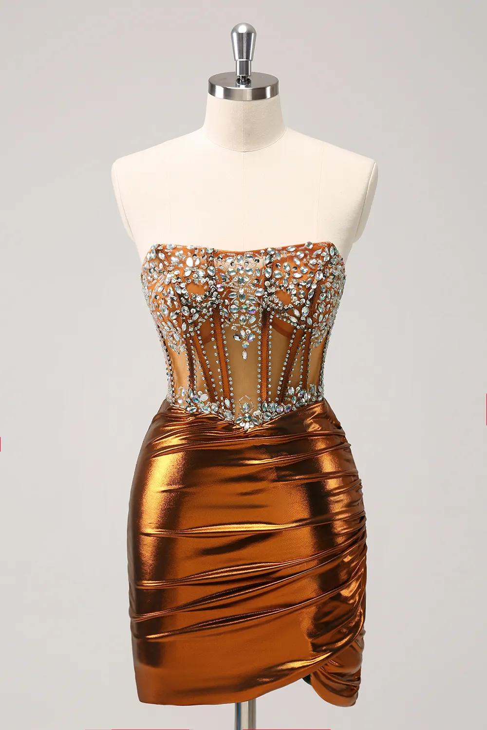 Sparkly Tight Strapless Corset Pleated Copper Graduation Dress with Beading - Image 3