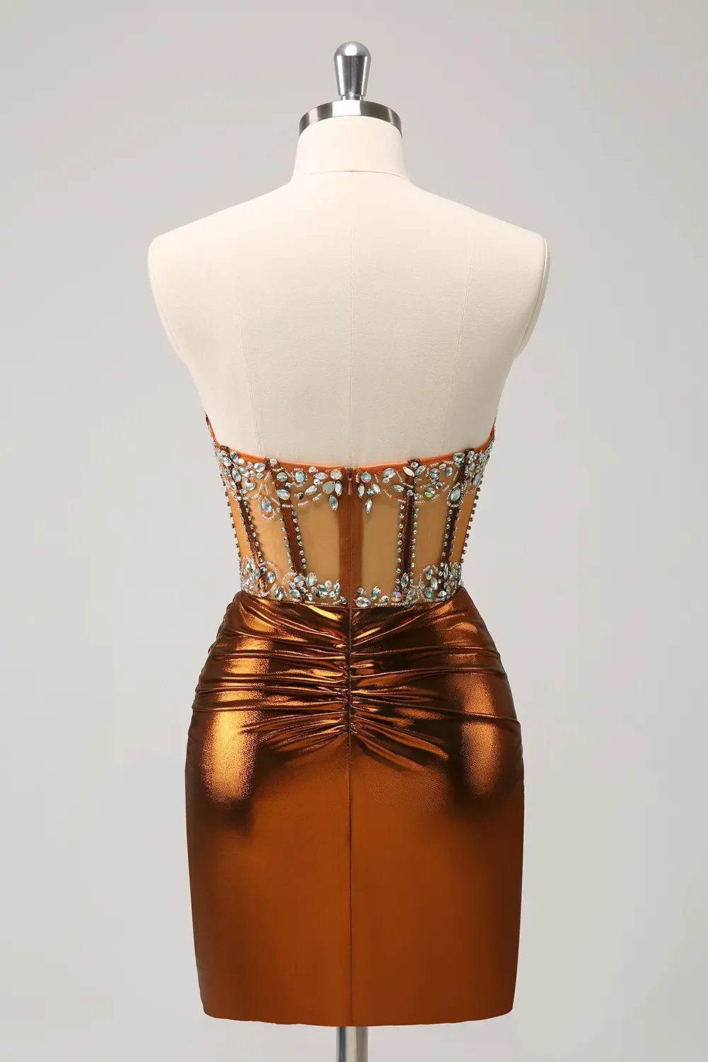Sparkly Tight Strapless Corset Pleated Copper Graduation Dress with Beading - Image 4