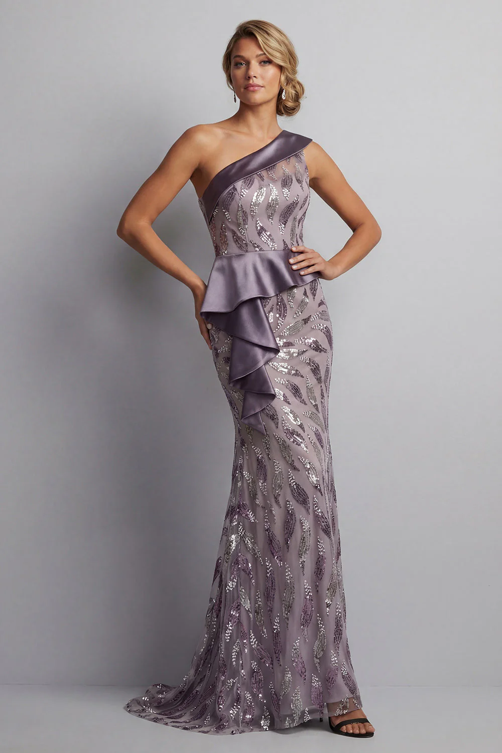 Sparkly Vintage Mauve Sequin Mermaid Long Mother of the Bride Dress with Ruffles - Image 3