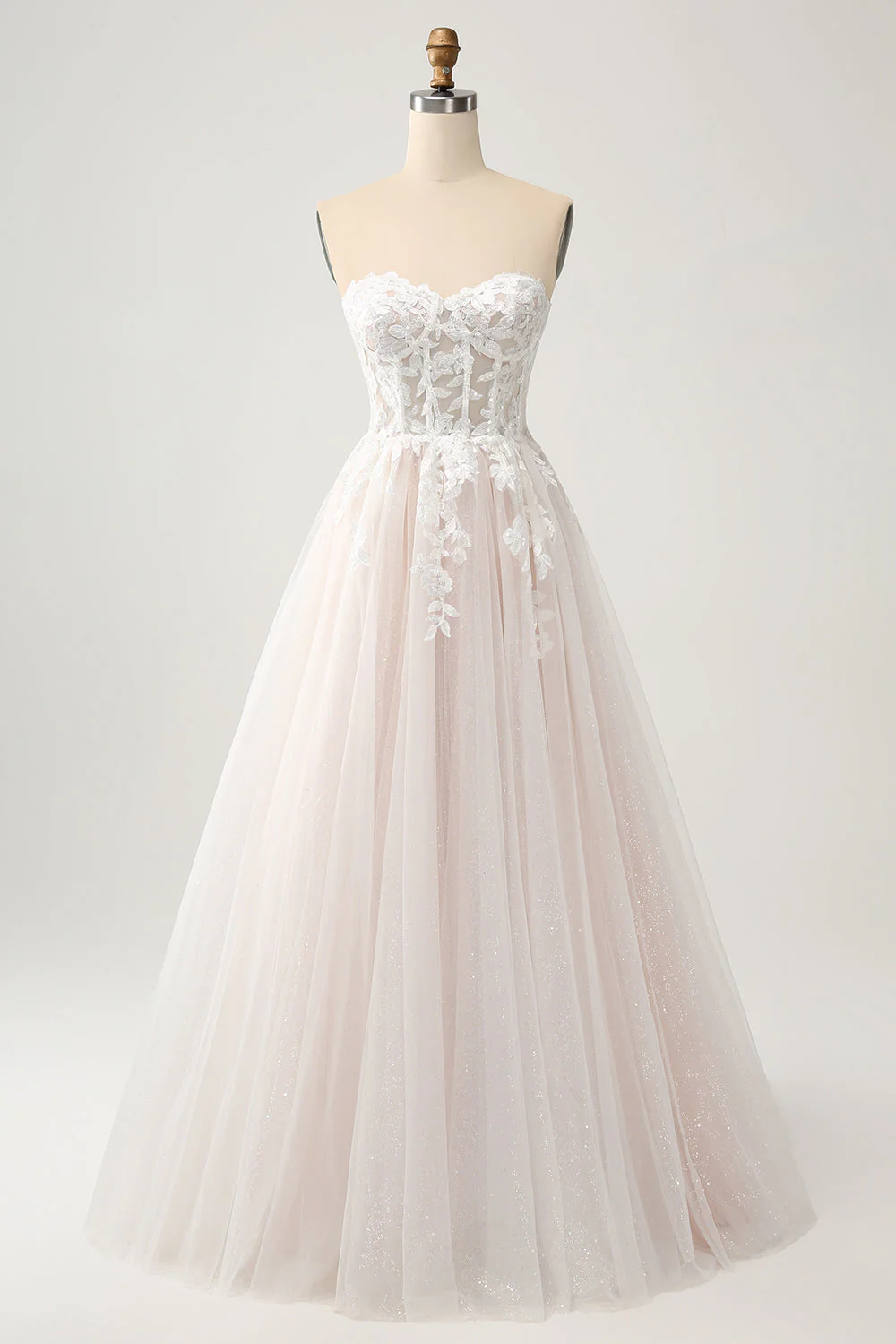 Sparkly White A Line Sweetheart Long Wedding Dress with Applique Lace - Image 3
