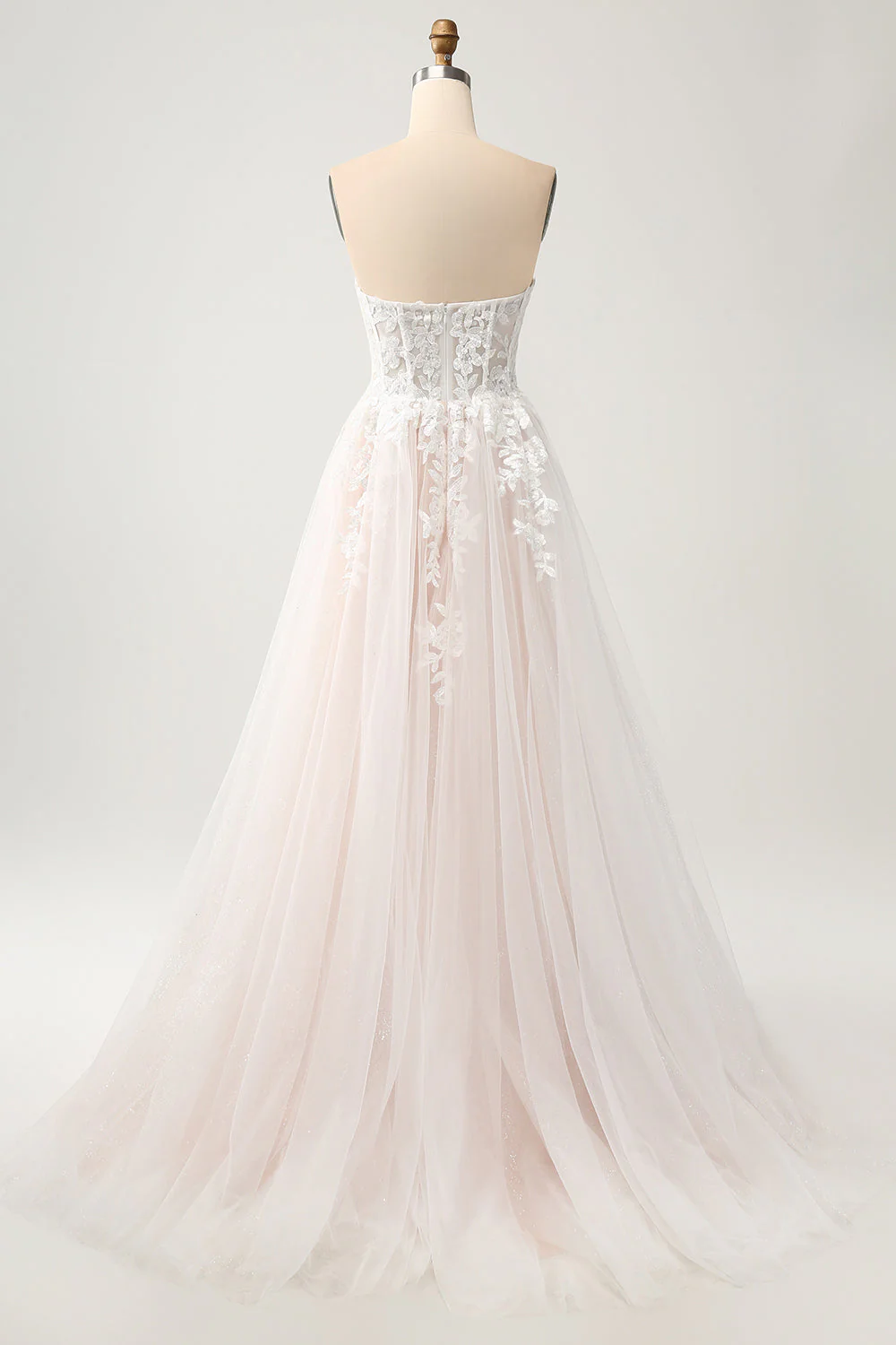 Sparkly White A Line Sweetheart Long Wedding Dress with Applique Lace - Image 4