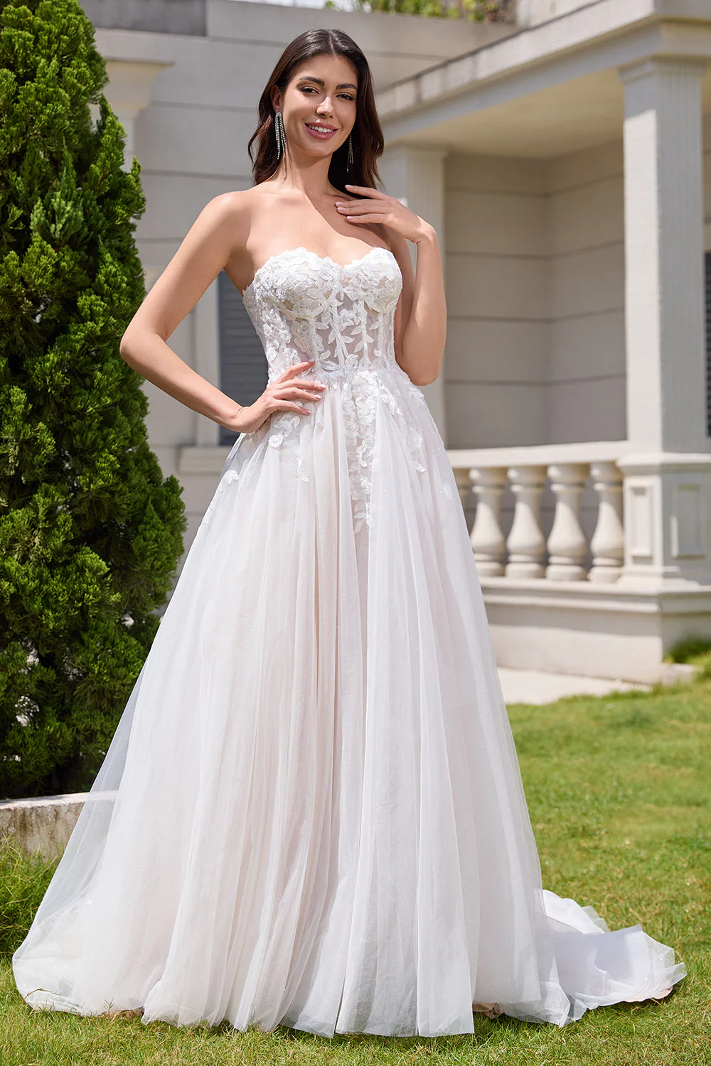 Sparkly White A Line Sweetheart Long Wedding Dress with Applique Lace - Image 5