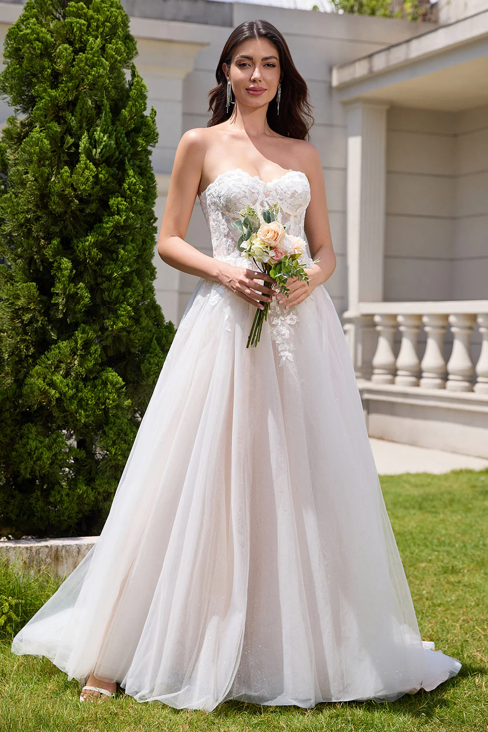 Sparkly White A Line Sweetheart Long Wedding Dress with Applique Lace - Image 6