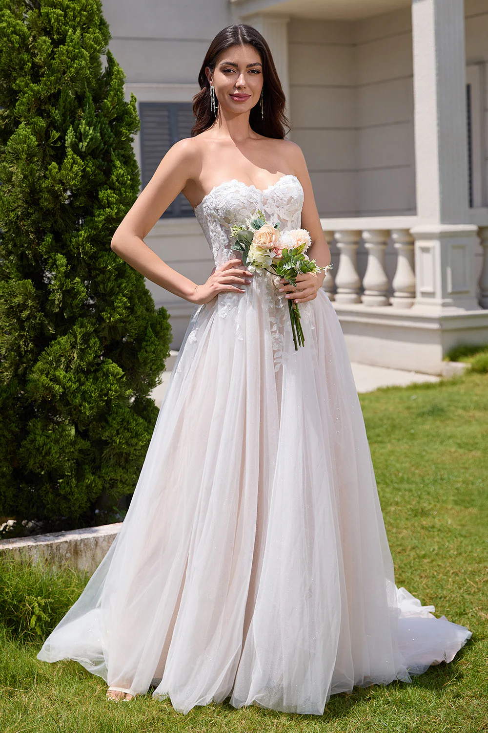 Sparkly White A Line Sweetheart Long Wedding Dress with Applique Lace - Image 7