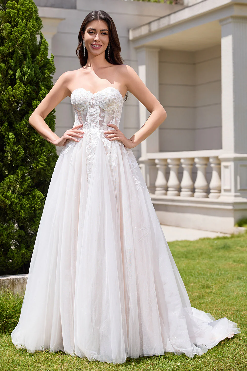 Sparkly White A Line Sweetheart Long Wedding Dress with Applique Lace - Image 8