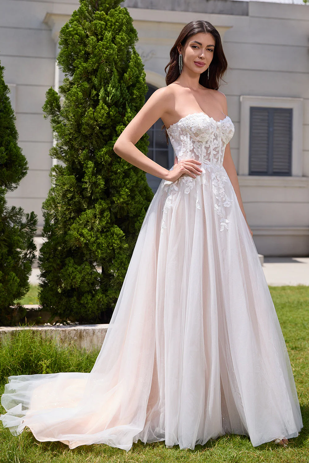 Sparkly White A Line Sweetheart Long Wedding Dress with Applique Lace - Image 9