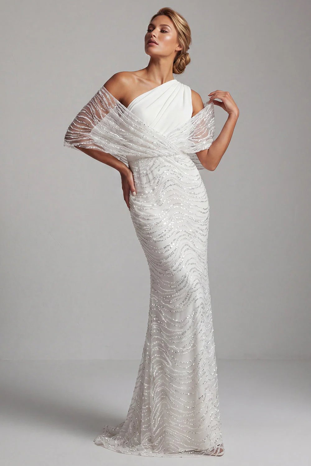 One Shoulder White Beaded Mermaid Long Mother Of the Bride Dress - Image 3
