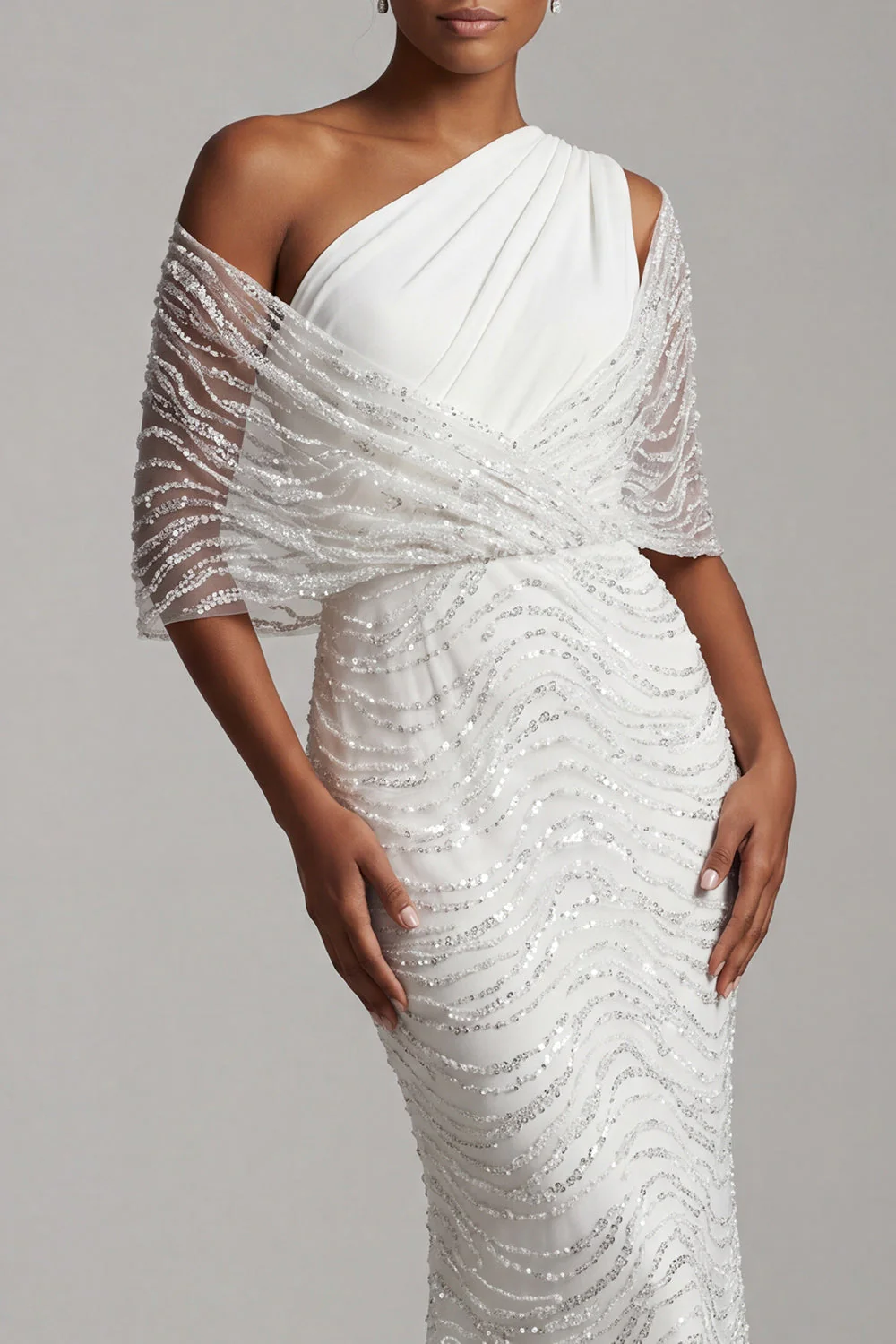 One Shoulder White Beaded Mermaid Long Mother Of the Bride Dress - Image 4