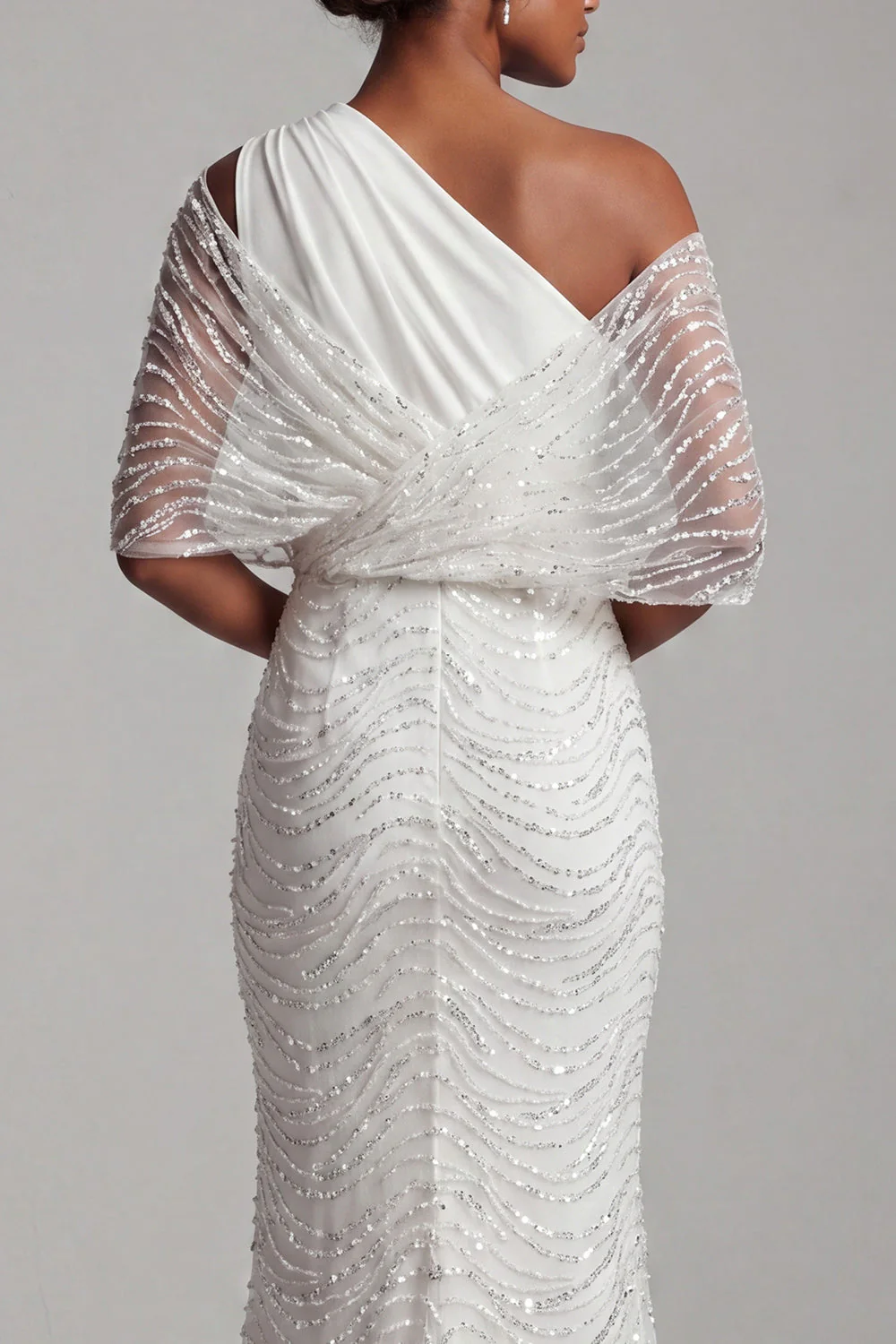 One Shoulder White Beaded Mermaid Long Mother Of the Bride Dress - Image 5