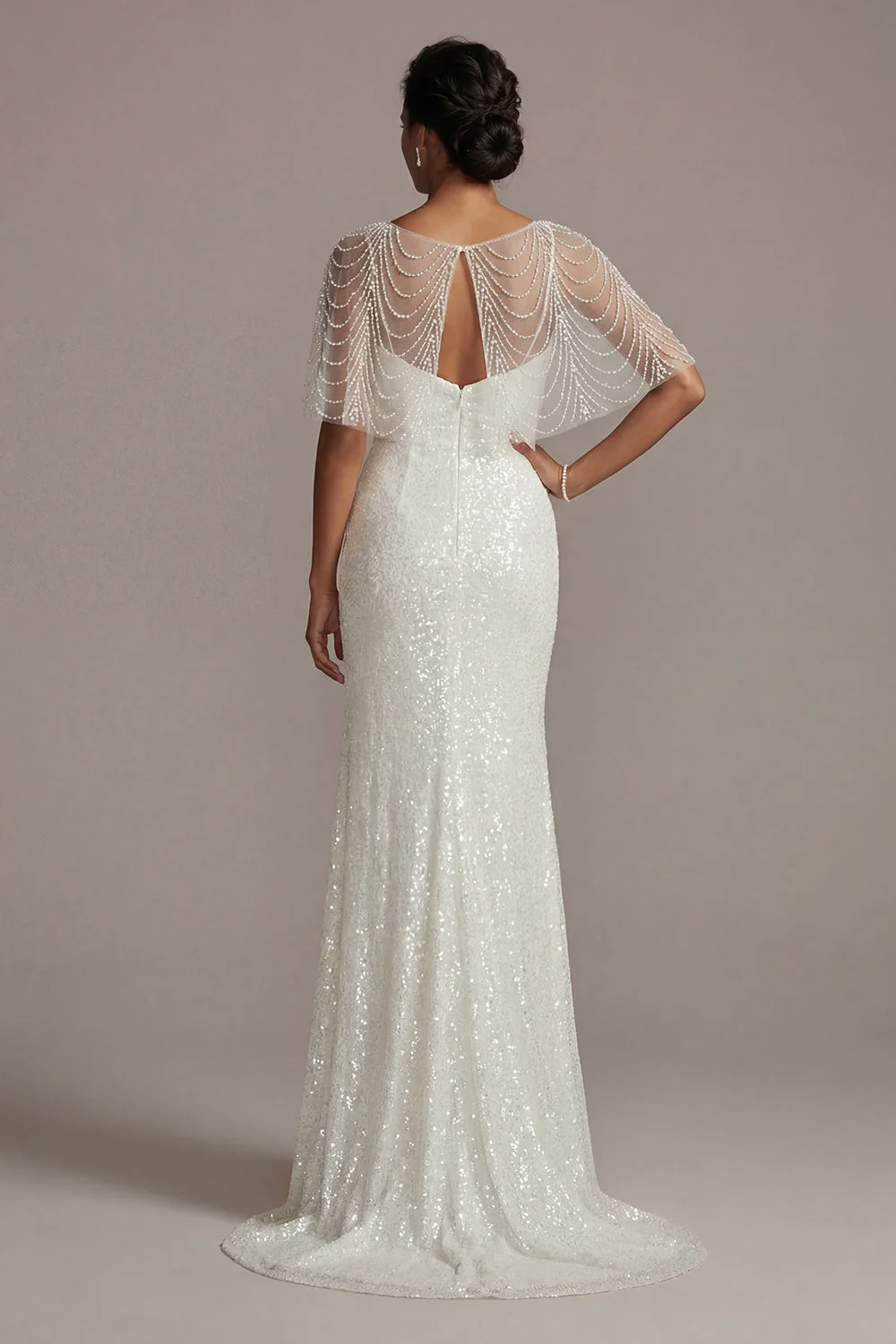 Sparkly White Mermaid Sequin Long Evening Dress with Pearls - Image 2