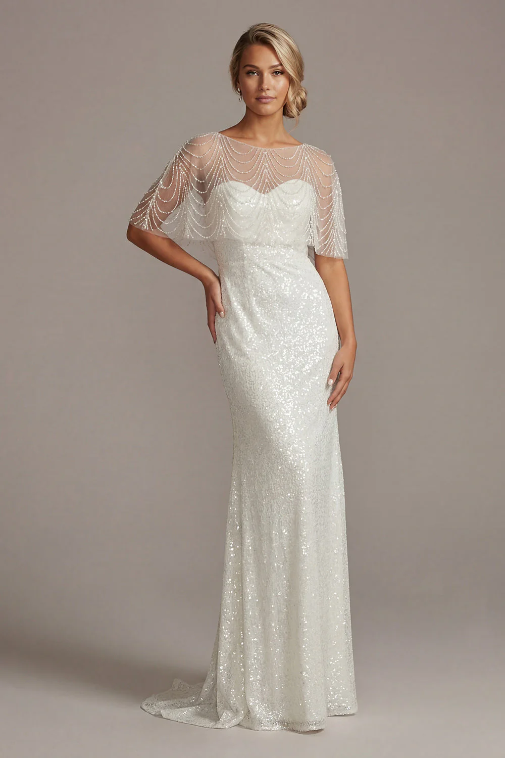 Sparkly White Mermaid Sequin Long Evening Dress with Pearls - Image 3